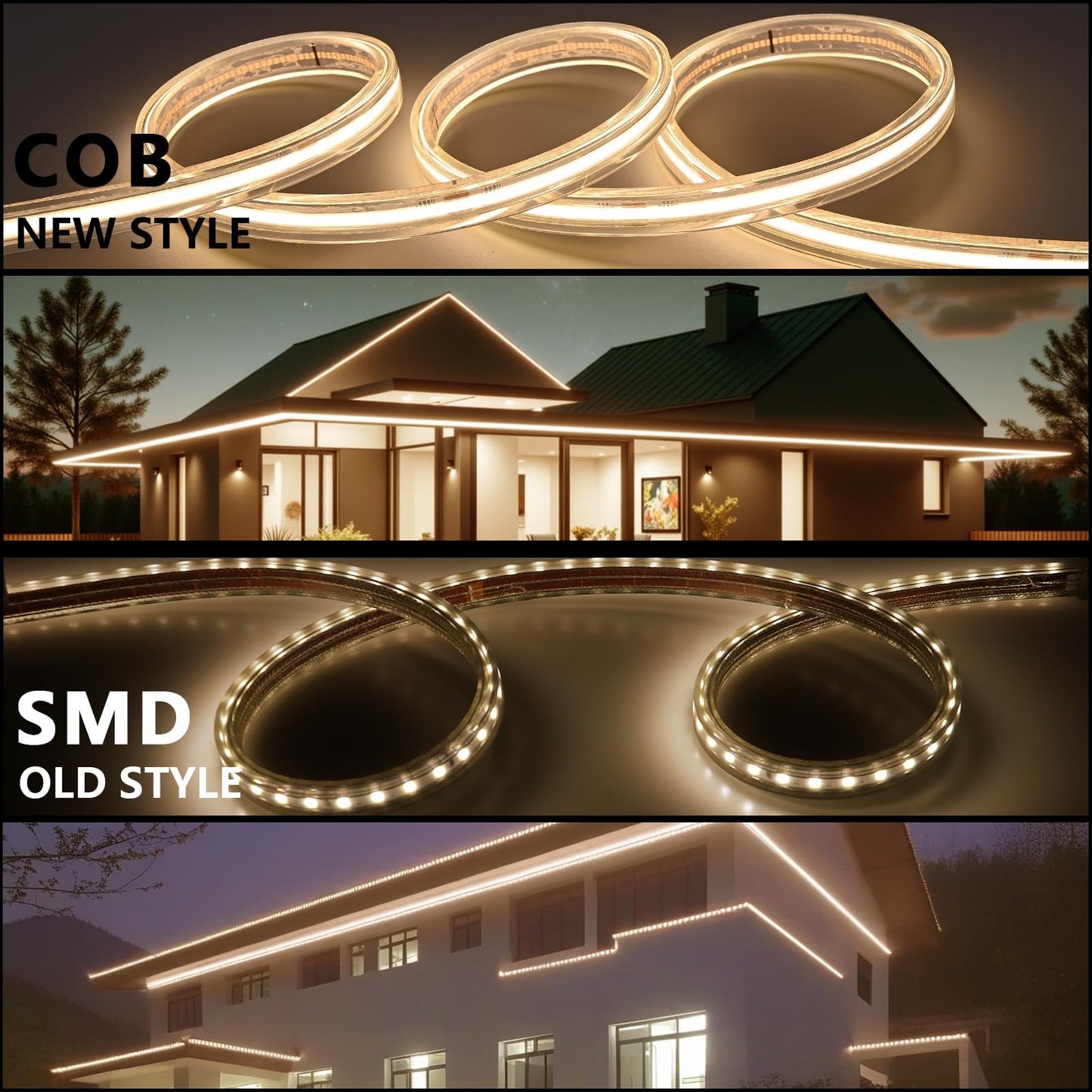 BENLUN AC 110V COB LED Strip Lights Outdoor Waterproof IP67 65.6FT, 3000K Warm White 200W 480LEDs/M CRI 90+ Transparent Silicone LED Rope Light