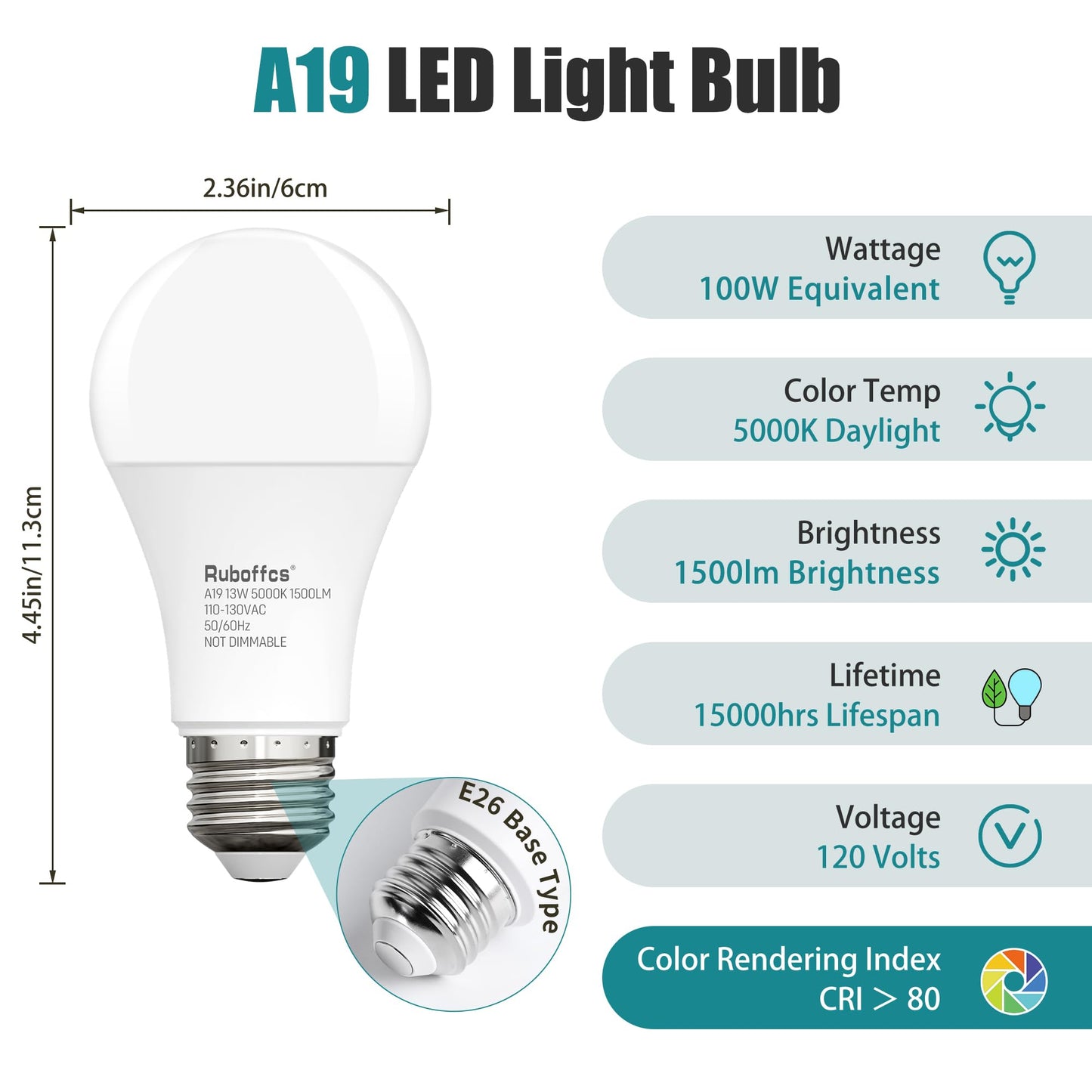 Ruboffcs 6 Packs A19 LED Light Bulbs,Daylight 5000K,100 Watt Equivalent