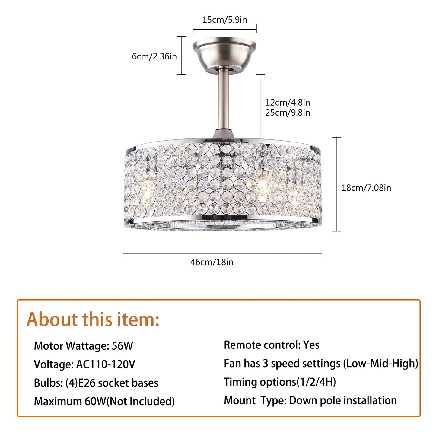 Industrial Cage Semi Flush Mount Light with Fan,18 Inch Ceiling fan Light with Remote Control,Crystal Shade Design,Acrylic Blades,Enclosed Fan,Quiet