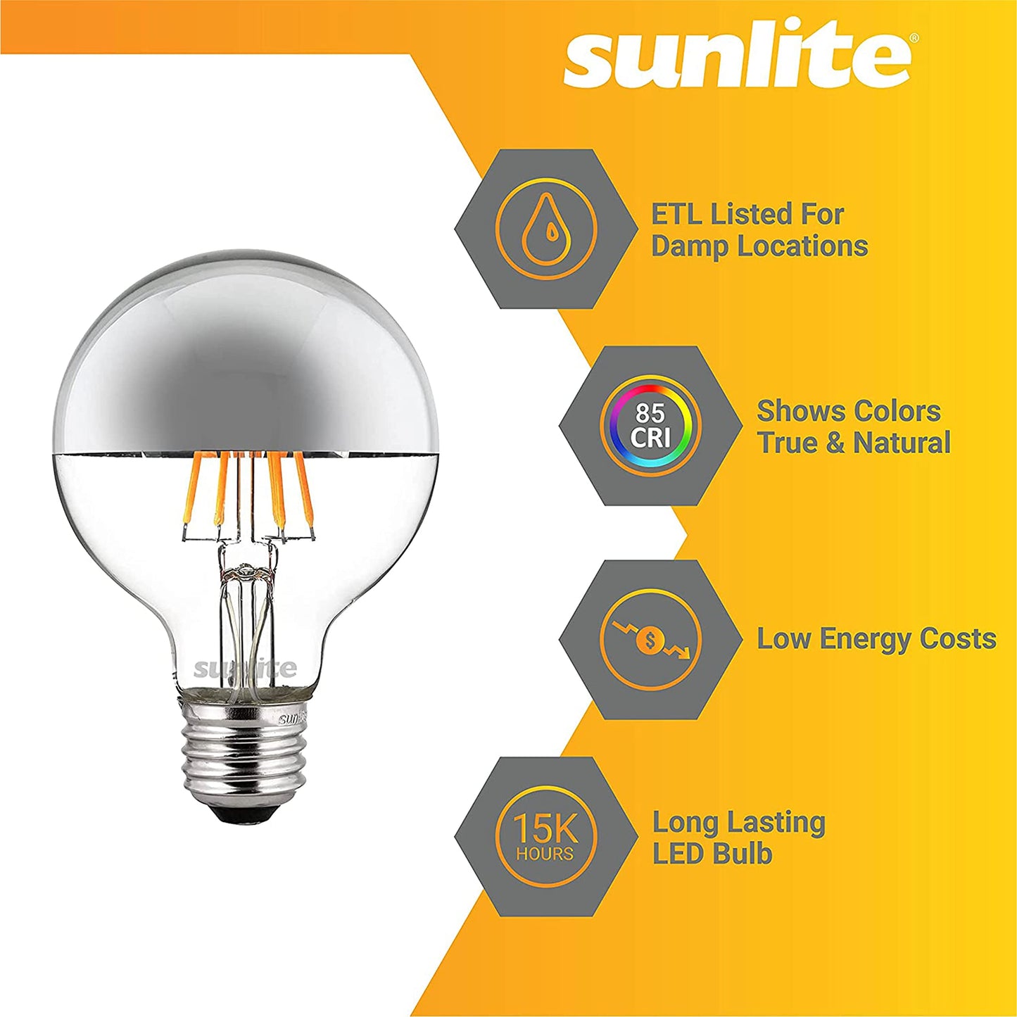 Sunlite LED G25 (G80) Edison Half Chrome Globe Light Bulb, 6 Watts (60W=), Standard E26 Base, 530 Lm, Dimmable, Decorative Silver Bowl, Anti-Glare