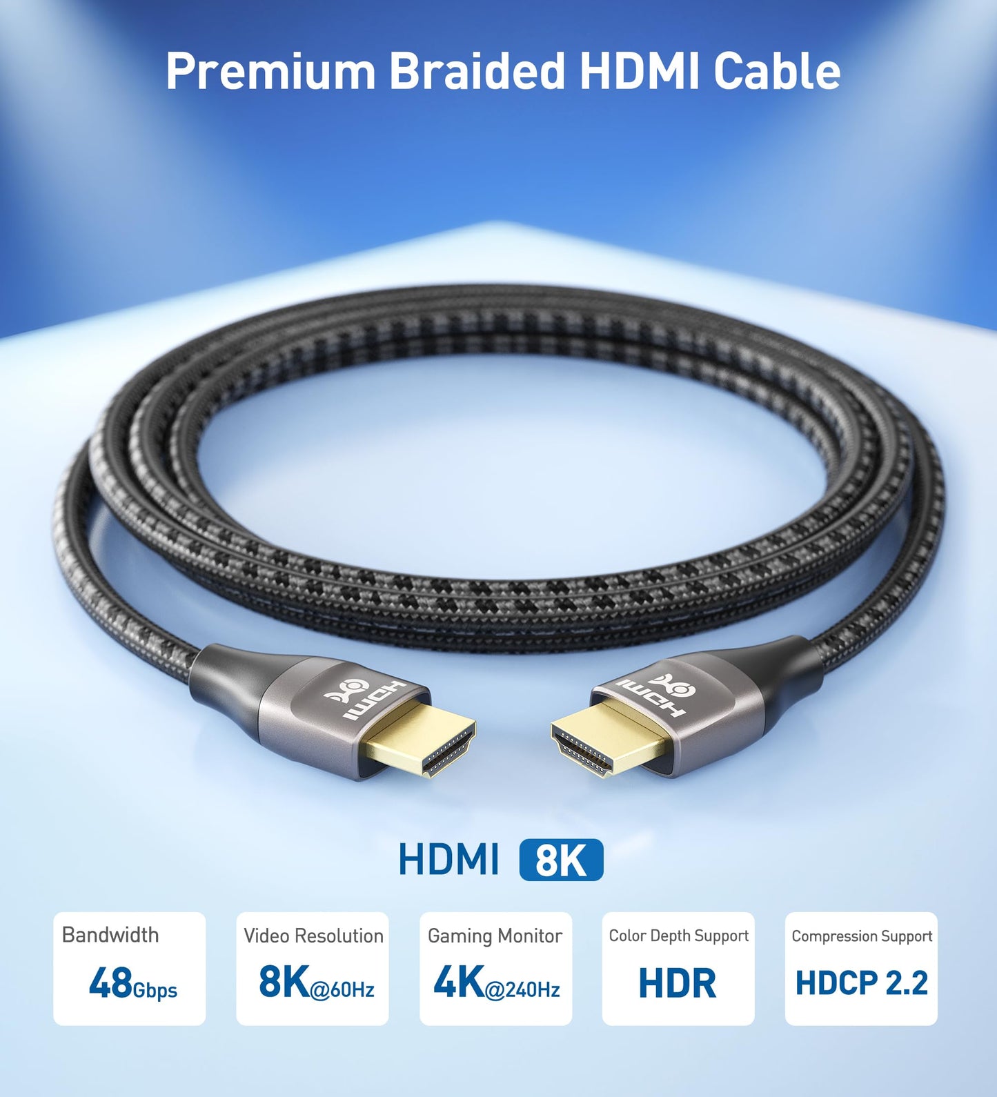 Cable Matters Premium Braided 48Gbps Ultra HD 8K HDMI Cable 6.6 ft / 2m with 8K@60Hz, 4K@240Hz and HDR Support for PS5, Xbox Series X/S, RTX3080