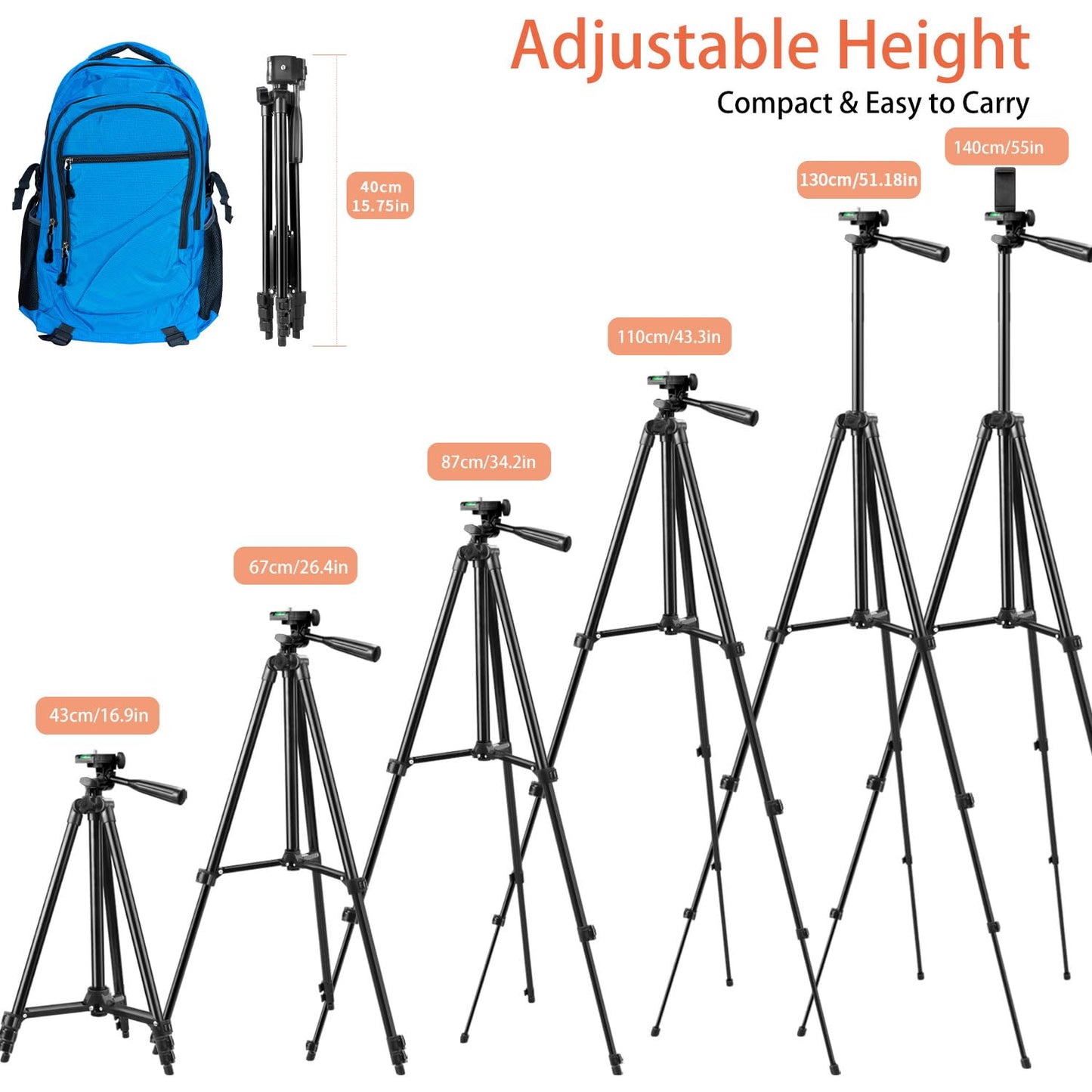 55" Phone Tripod, Camera Tripod for iPhone with Remote Shutter Gopro Holder and Universal Clip, Compatible with iPhone/Android/Sport Camera Perfect
