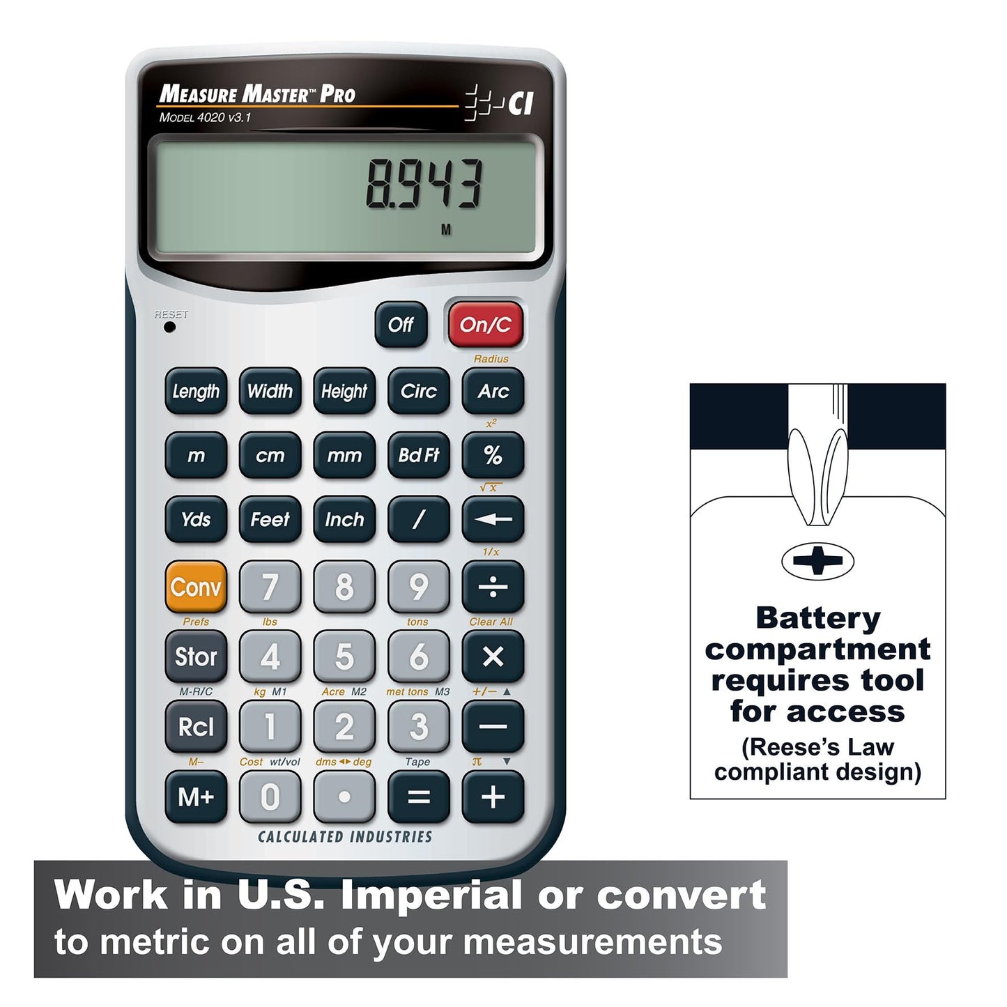 Calculated Industries 4020 Measure Master Pro Feet-Inch-Fraction and Metric Construction Math Calculator, Silver