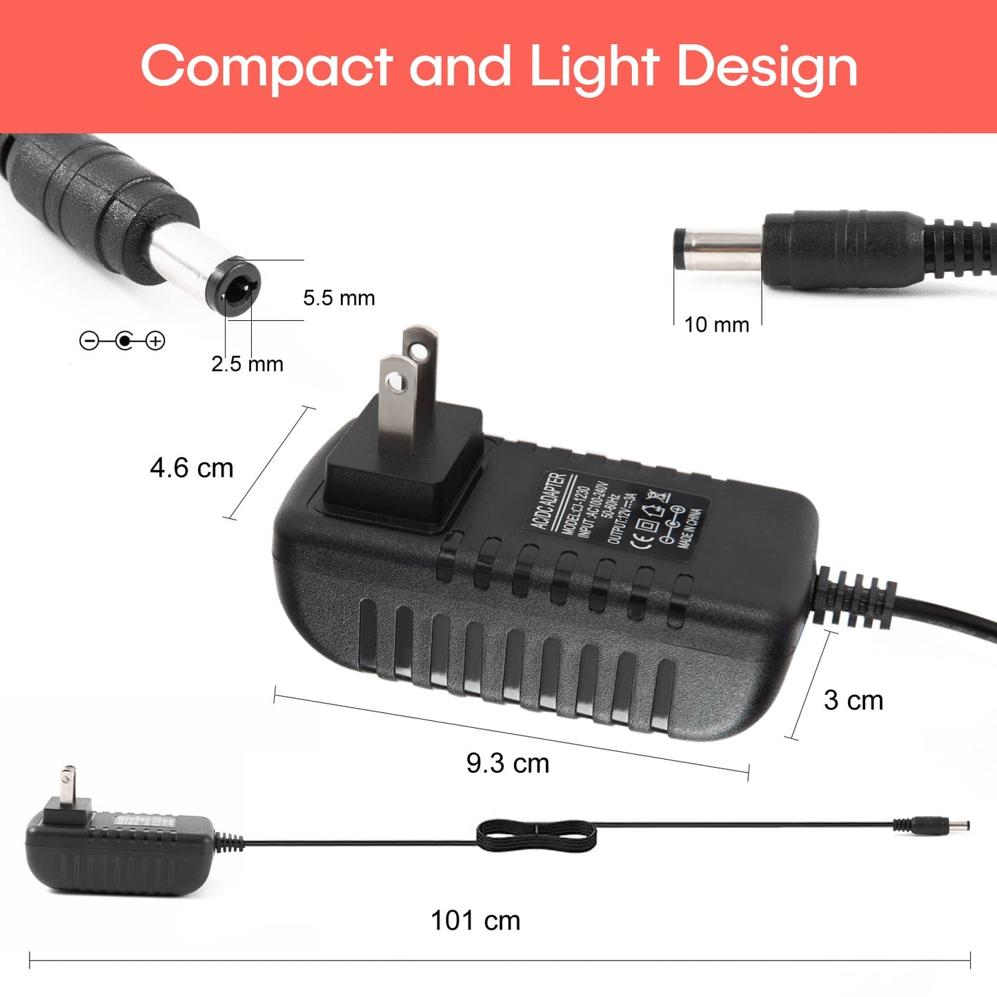 2 Pack HZHFCB 12V 3A 36W Power Supply Adapter 100~240V AC to 12 Volt DC 3 Amp Converter 12 vdc 3000mA Connector 5.5mm x 2.5mm for LED Strip Light…