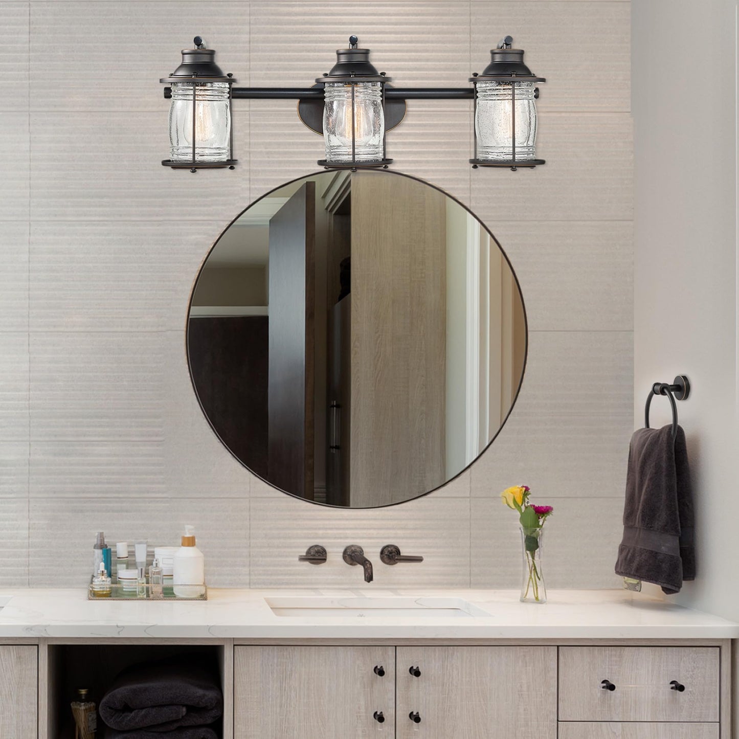 Globe Electric 51549 5-Piece All-in-One Bathroom Set, Oil Rubbed Bronze, 3-Light Vanity Wall Light with Ribbed Seeded Glass Shades, Towel Bar