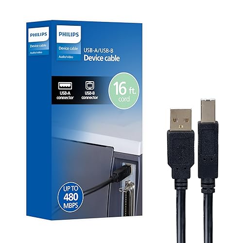 Philips USB-A to USB-B Printer Cable, 16 Ft Long Cord, Connect Laptop or Desktop, Data Transfer 480 Mbps, Gold Plated, HP, Canon, Brother, Samsung
