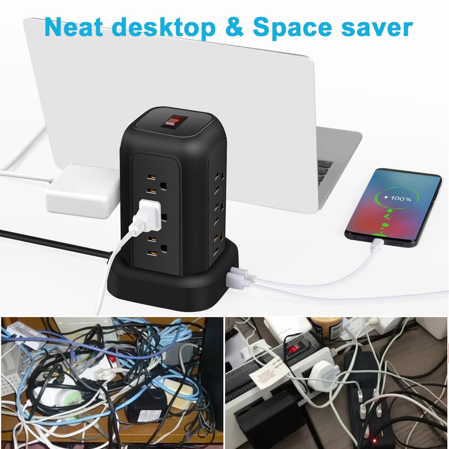 FUAUFAS Tower Power Strip Surge Protector USB Ports, Multiple Outlets Ports Desktop Charging Station, Flat Plug, Wall Mount,with Night Light Station