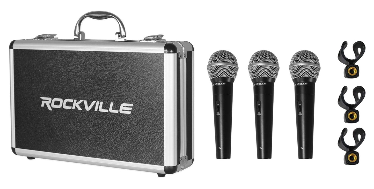 Rockville RMC-3PK Dynamic Microphones 3 Pack, Uni-Directional, Metal Build, XLR, Clear Sound, Low Background Noise, Durable Case, for Vocals
