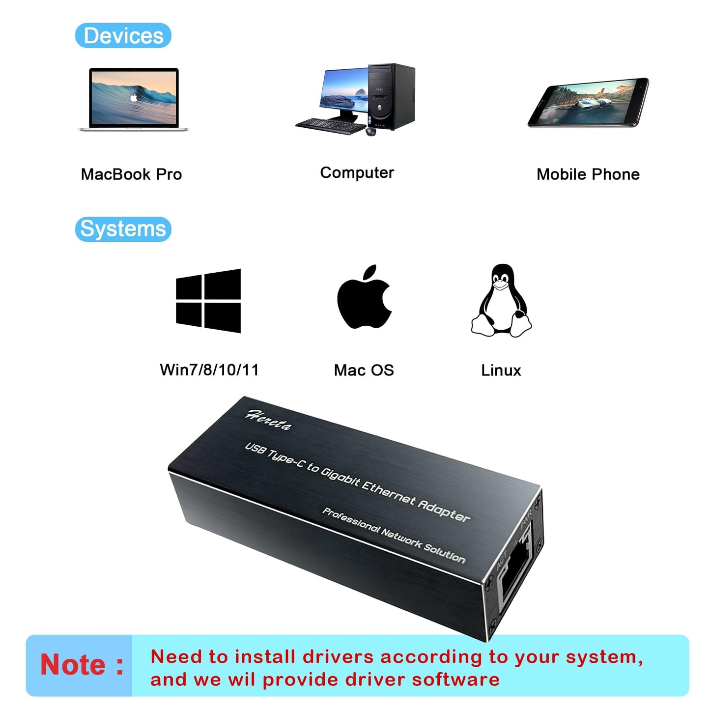 Hereta USB C to Ethernet Adapter,1Gbps Type-C 3.0 to RJ45 Ethernet LAN Network Adapter compatiable with MacOS,Windows XP