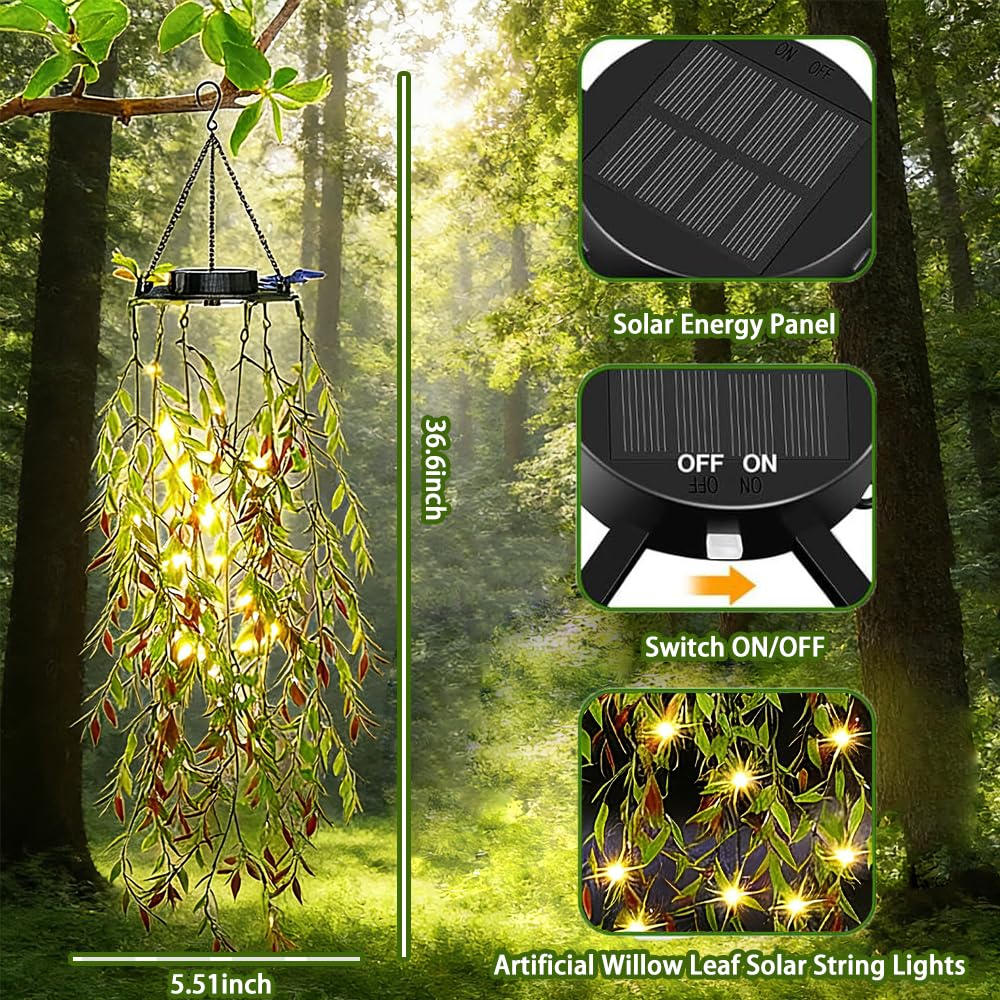 HSBMTBDBF Solar Hanging Garden Lights, 66 LED Artificial Willow Leaf Solar String Lights Outdoor, Birthday Gifts for Her Mom Grandma, IP65 Waterproof