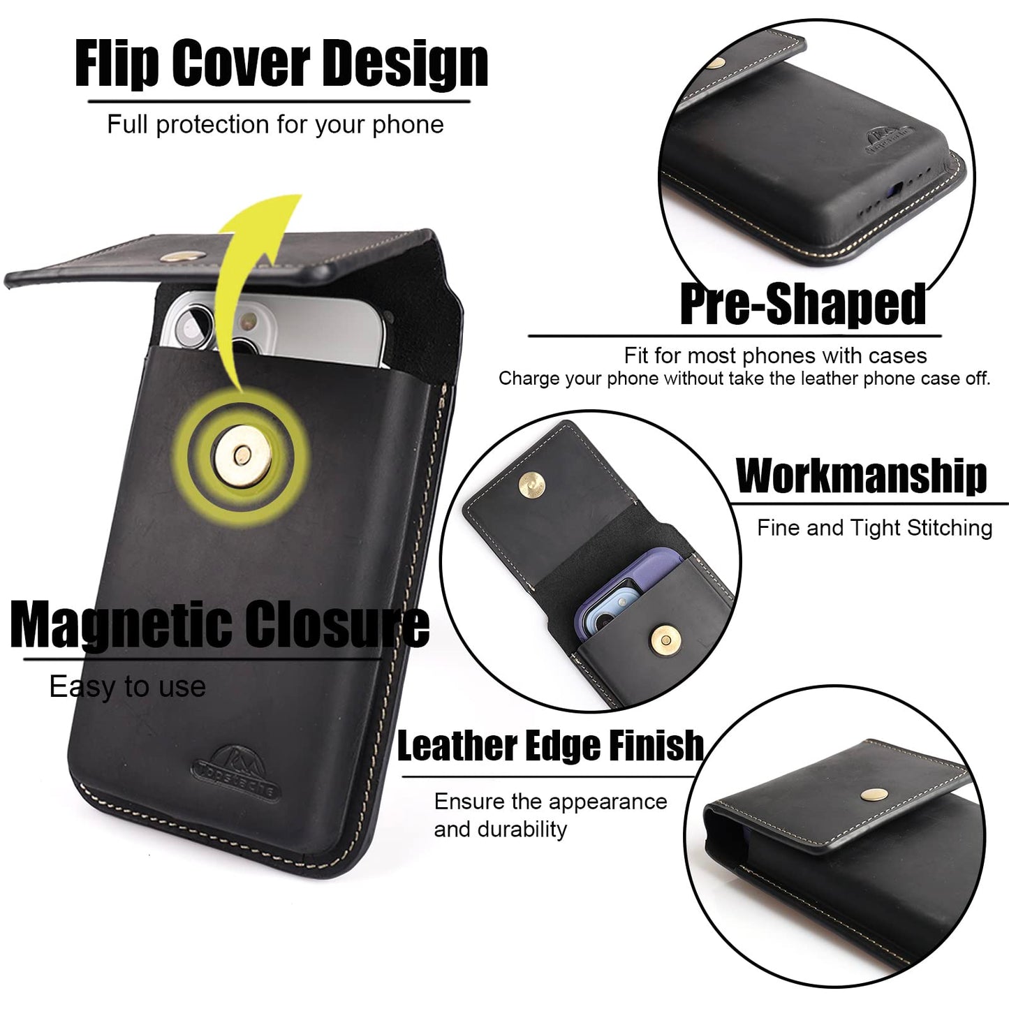 Topstache Leather Phone Holster for Men - Magnetic Closure Cell Phone Holder Case for iPhone 17/16/15/14/13/12 - Belt Clip Leather Belt Pouch Case
