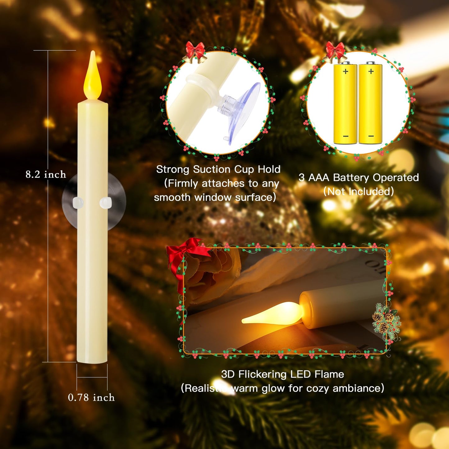 cosylive Christmas Window Candles with Remote Timer, Flameless Taper Candles with Suction Cups and Magnetic Base Battery Operated Flickering Candle