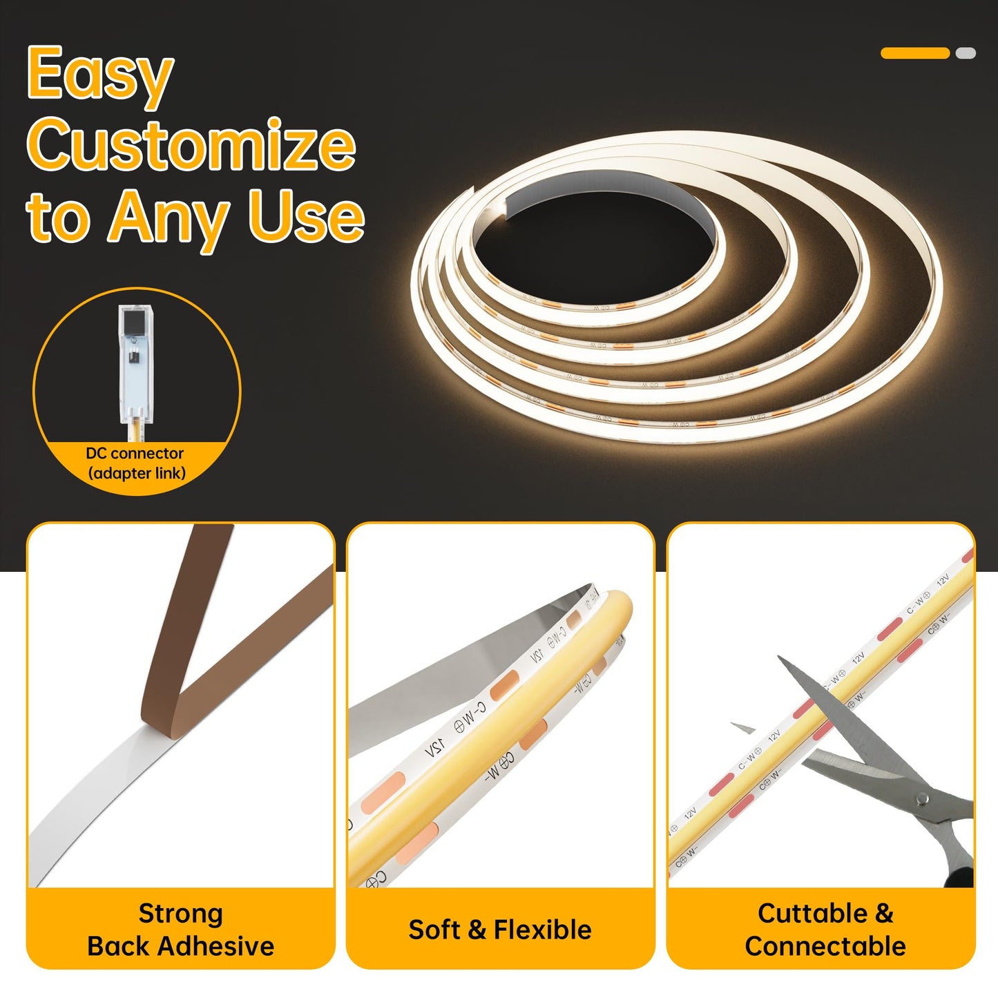CtrlCV Tunable COB LED Strip Light Kit Dimmable 2700K-6500K Tape Light with IR Remote Adapter Flexible Rope LED Ribbon for Bedroom Home Lighting
