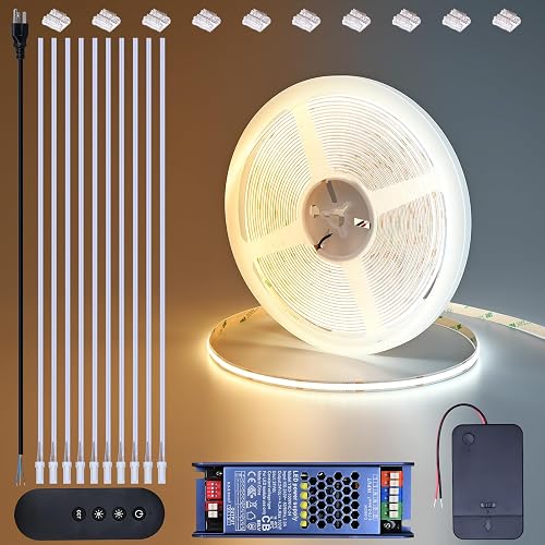 BENLUN 24V CCT COB LED Under Cabinet Strip Lighting 32.8FT, 3000K 4000K 6000K Cuttable LED Tape Light CRI 93 with Remote Controller and Power Supply