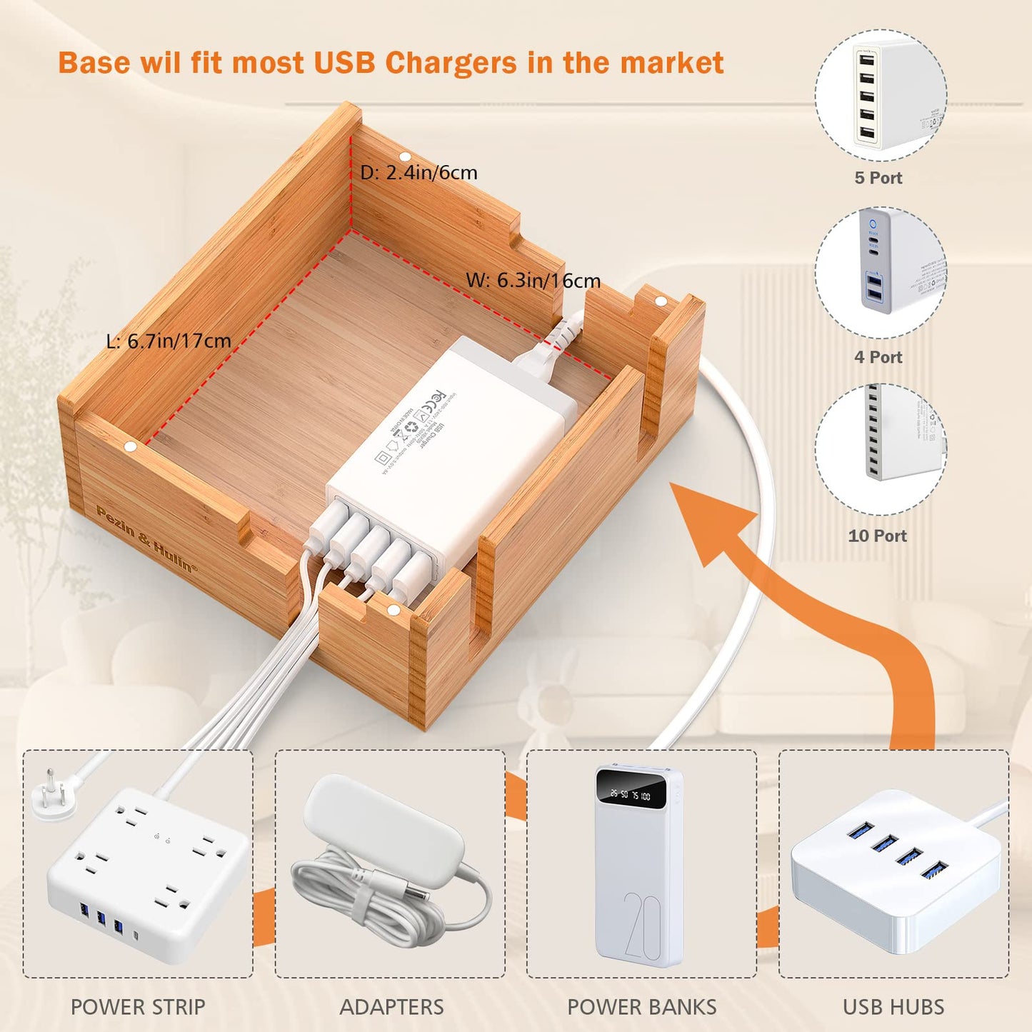 Pezin & Hulin Bamboo Charging Station for Multiple Devices Include 5 Port USB Charger, 5 Cables, Desktop Organizer for Phones, Tablet, Wooden Docking