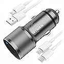 MOCA 38W Fast Car Charger, 2-Port PD/QC 3.0 All Metal Car Power Adapter W/2 PCS 3.3ft PD Lightning Cord Quick Charging for iPhone 17/16/15 Series