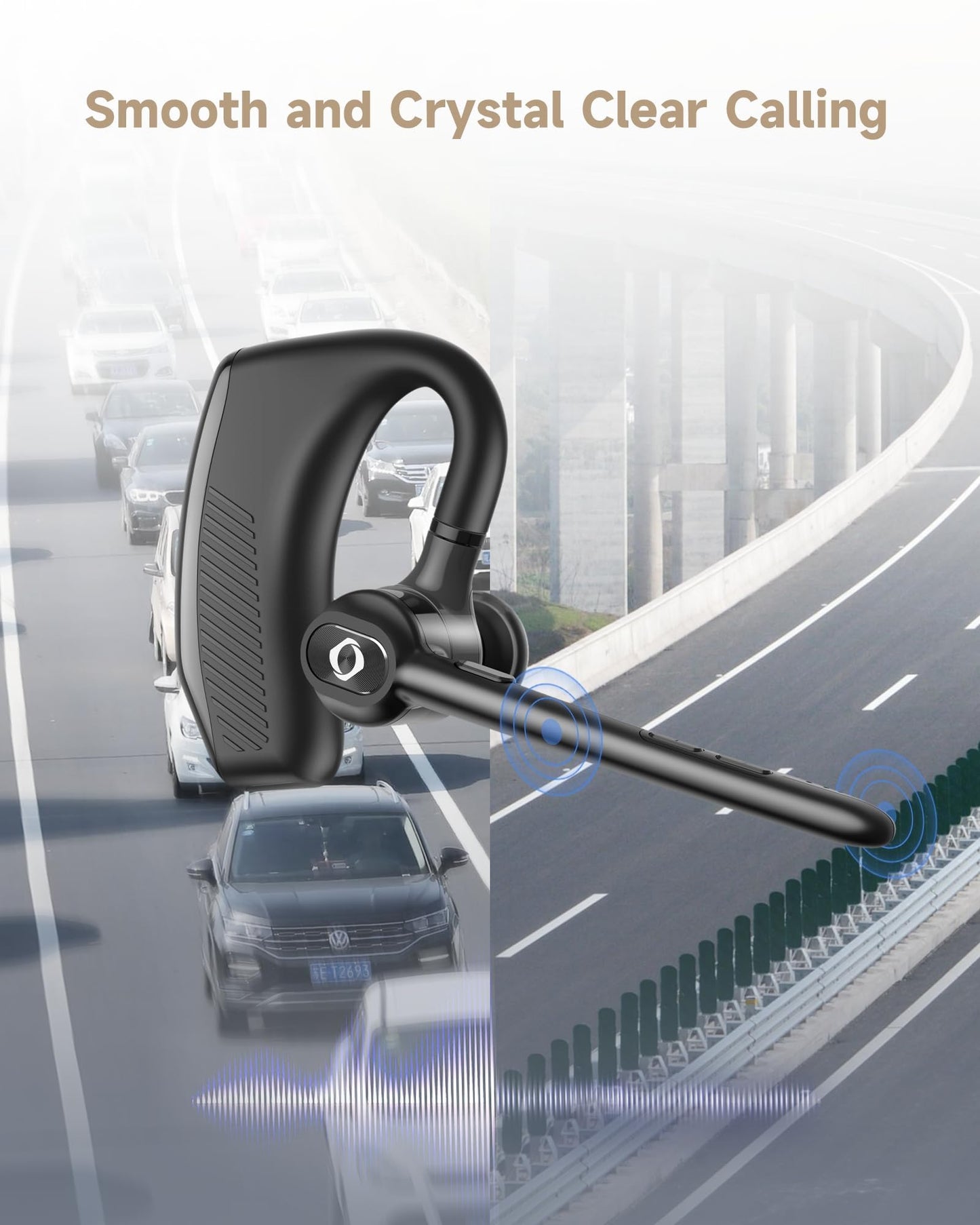 Wireless Headset Bluetooth Earpiece with Dual Noise Canceling Microphone Hands Free Headphones Single Ear Earphone Over Ear Earbud for iPhone Samsung