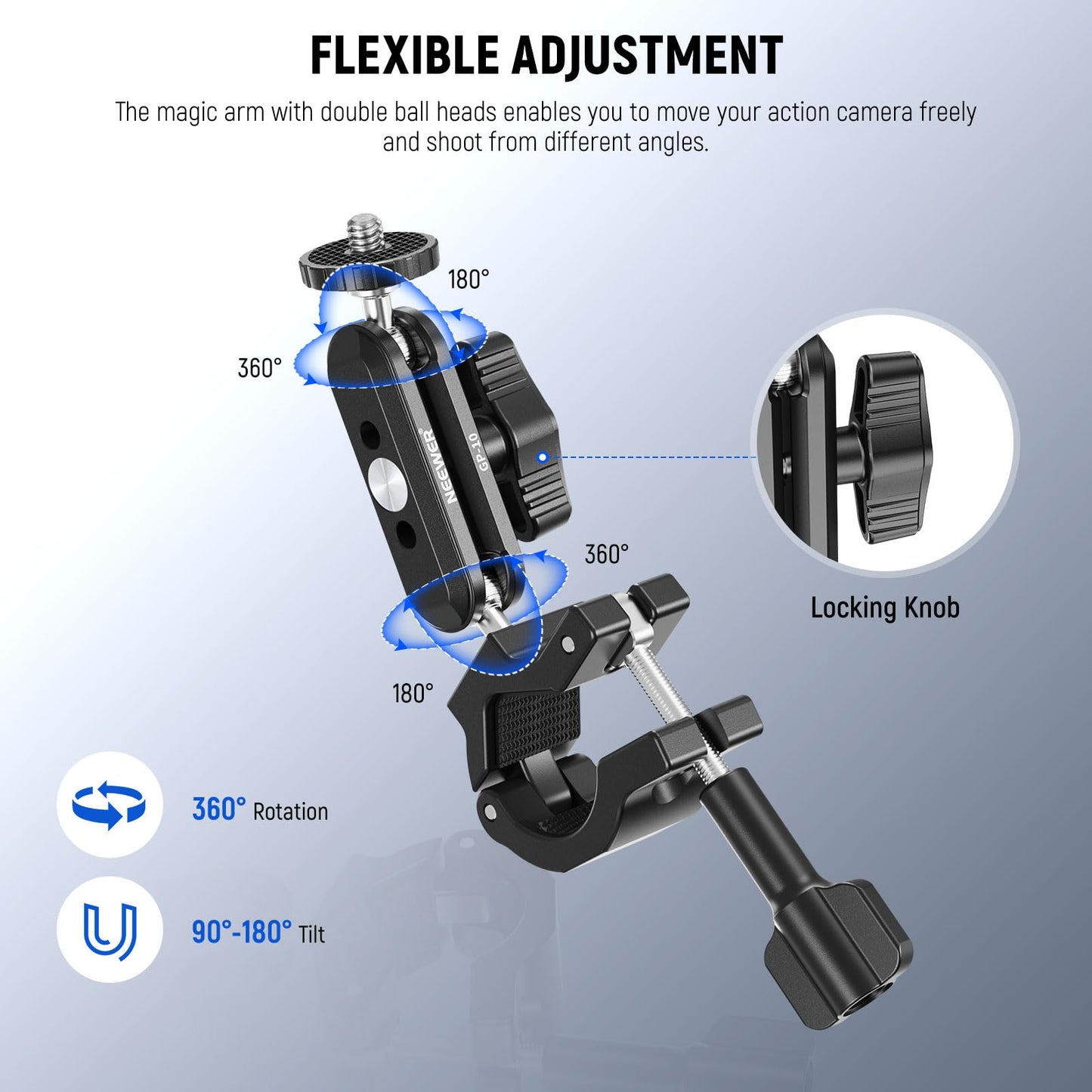 Neewer Action Camera Pole Mount with Two 360° Ball Heads 1/4" Screw Action Camera Adapter, Holder Clamp for Motorcycle Bike Handlebar, Compatible