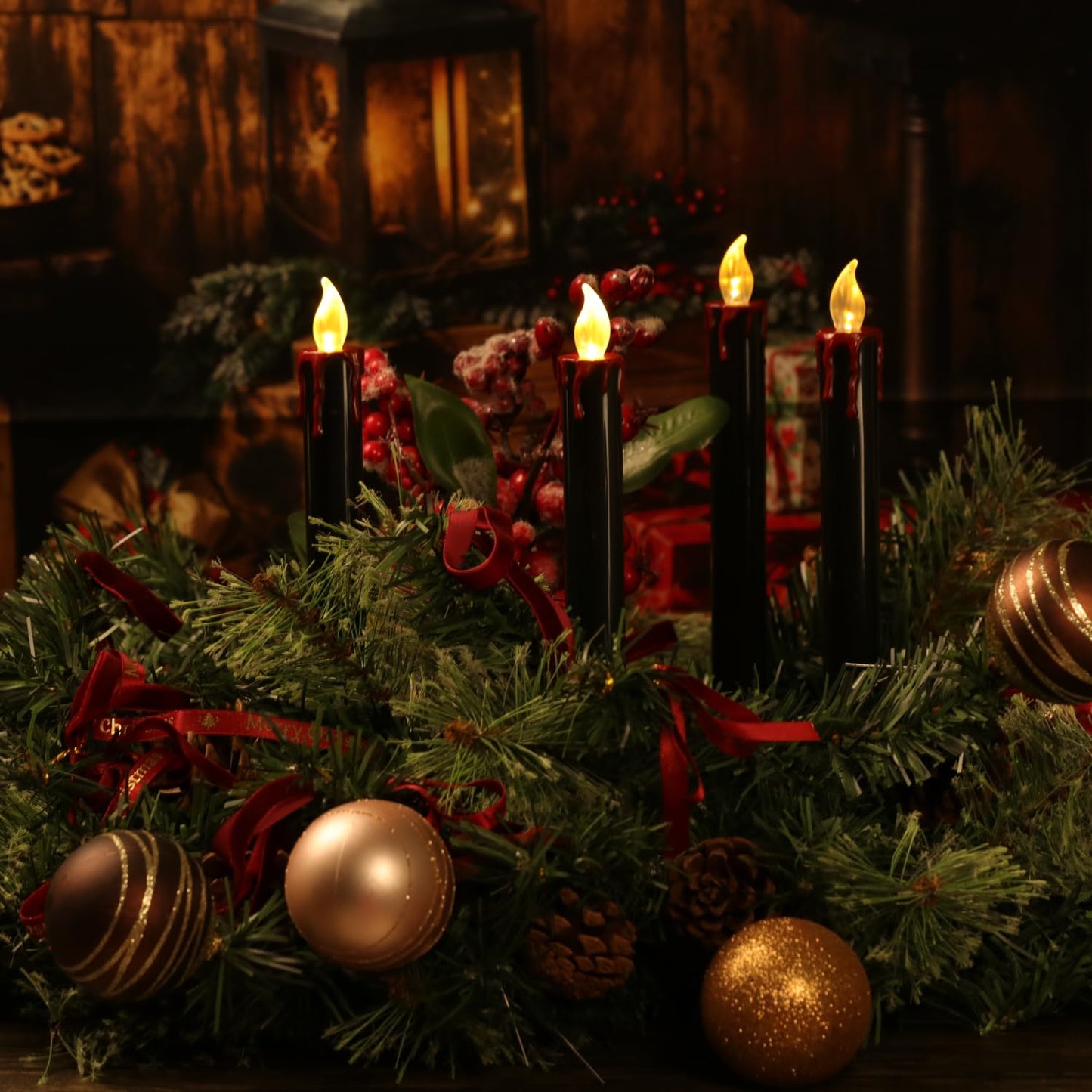 OWLBAY 6 Pack 9" H Christmas Black Flameless Taper Candles with Remote Timer, Bloody Battery Operated Flickering LED Candlestick with Removable Black