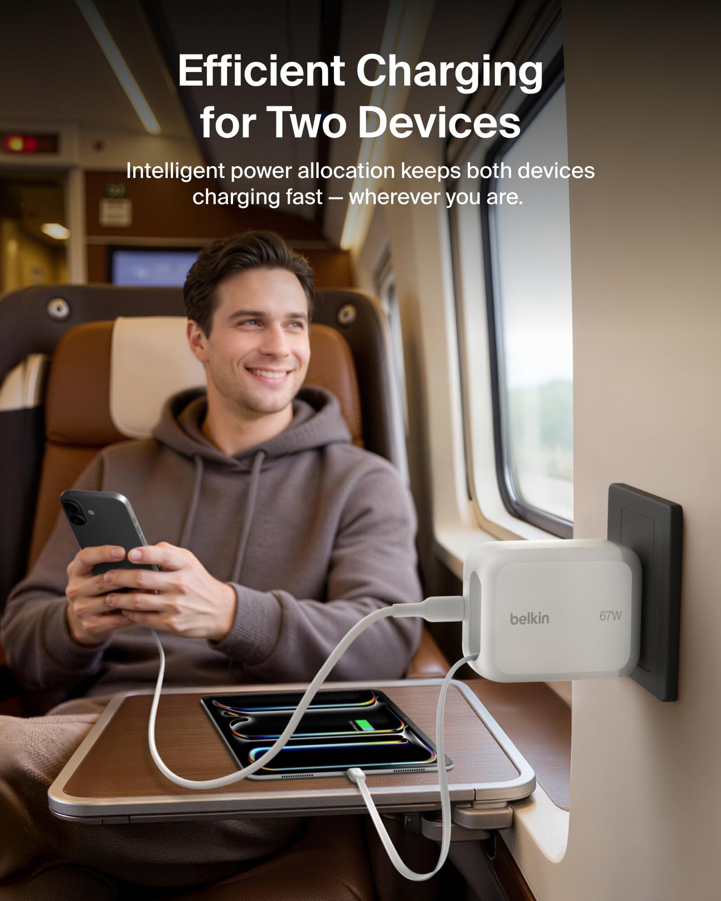 Belkin USB C Retractable Wall Charger, 67W Max GaN Fast Charging Block w/Built-in, Extra-Long 3.3ft Retractable Cable - iPhone Charger for iPhone