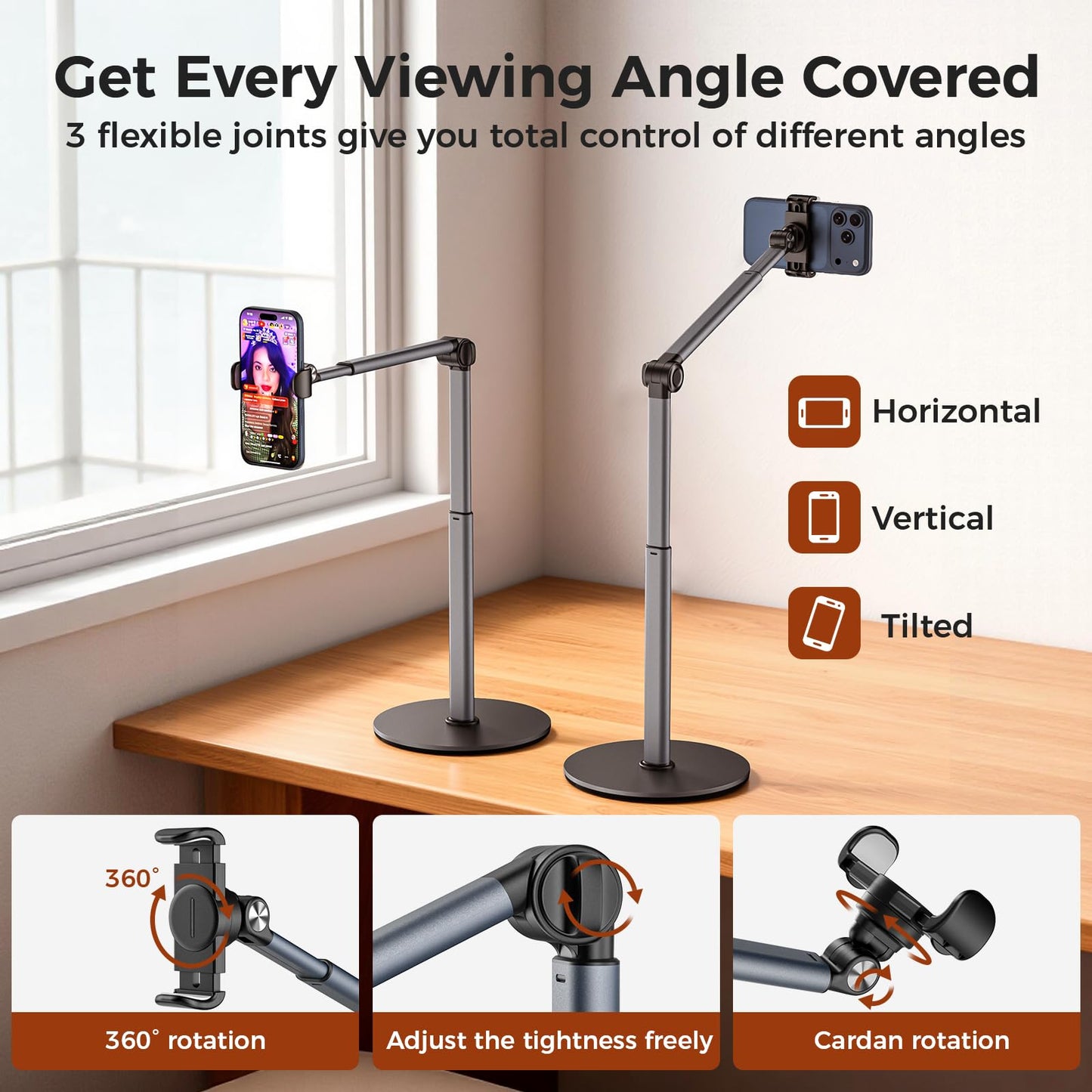MoKo Overhead Tripod for iPhone, Heavy Duty Aluminum Overhead Phone Mount, Angle & Height Adjustable, Telescopic Arm, Overhead Phone Stand
