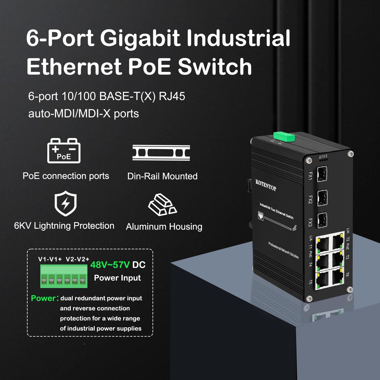 9-Port Unmanaged Industrial Ethernet Hardened Network Fiber Switch with 6 x 10/100Base-T RJ45 Plus 3 x 100Base-FX SFP,Support 12~48VDC, IEEE802.3af/at