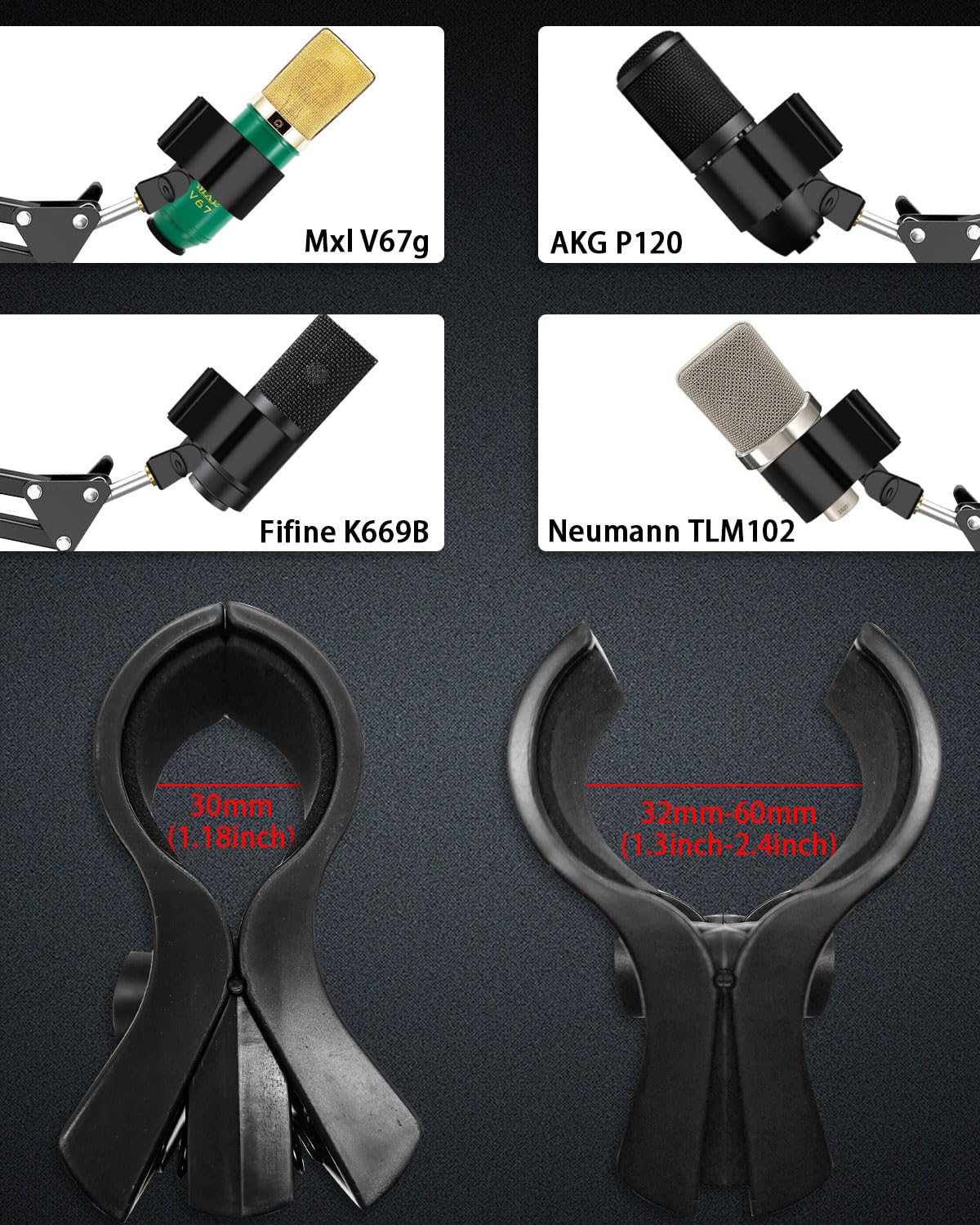 Mictop Upgraded Microphone Clip Holder, Universal Adjustable Microphone Holder for All Microphones Size at 32mm-60mm, with 5/8" to 3/8" Screw Adapter