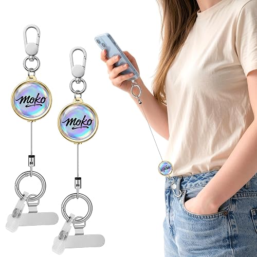 MoKo 2 Pack Anti-Theft Phone Tether, Phone Lanyard Retractable Steel Line Cellphone Strap with KeyChain, ID Badge Holder & Metal Tether Tab