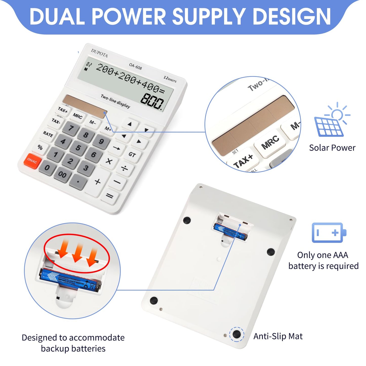Desktop Calculator Large Display Big Buttons with 12 Digits 2-line LCD, Dual Solar Power and Battery, Calculator with Tax and Check Function