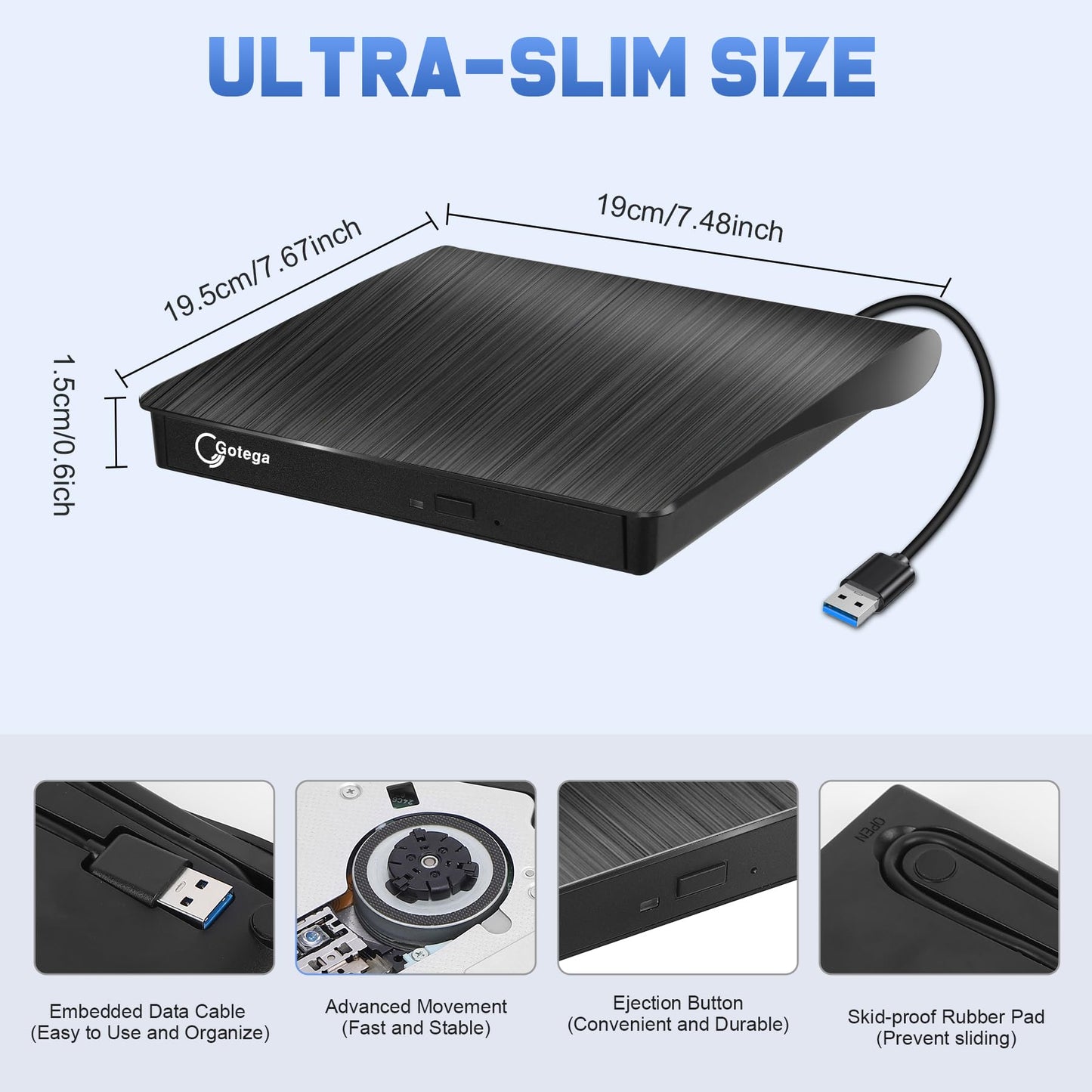 Gotega External DVD Drive, USB 3.0 Portable +/-RW, DVD Player for CD ROM Burner Compatible with Laptop Desktop PC Windows Linux OS Apple Mac Black