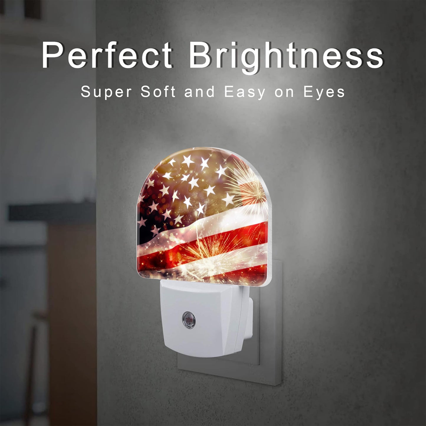 sndheke America Flag with Fireworks Night Light Plug into Wall,Vintage The USA Flag Patriotic Dusk to Dawn Night Light,0.5w Energy Saving Sleep