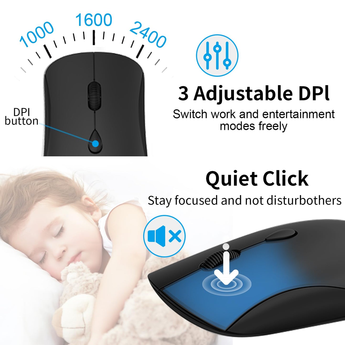 Wireless Keyboard and Mouse Combo, Silent Full-Size Computer Keyboard with Calculator Button, 2400 DPI Mice, Quiet Click, Slim Cordless USB Set