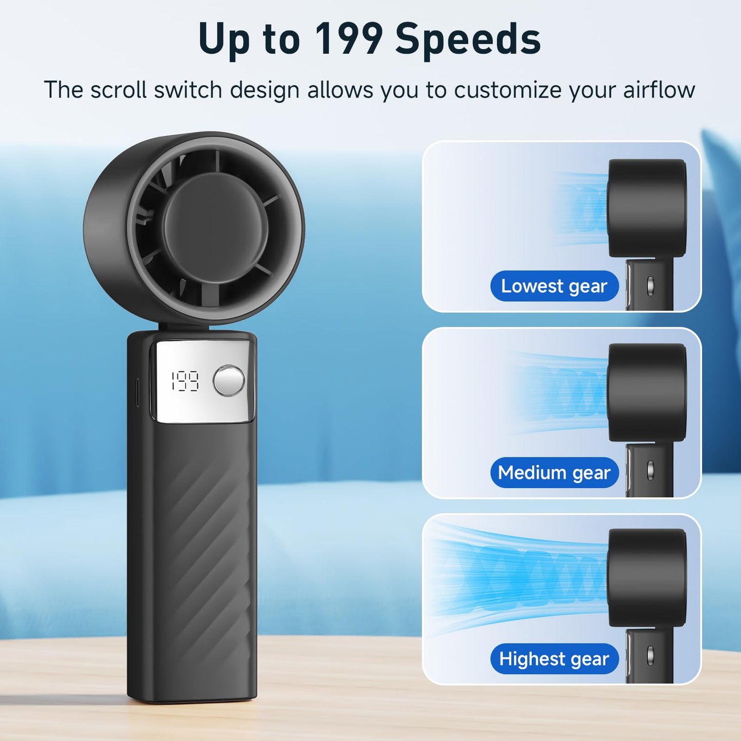 YOSHENMO Portable Handheld Turbo Fan - Foldable Mini Fan with Air Turbo Tech, 1-199 Speed Adjustment, 20H Runtime, LED Display, Battery-Powered