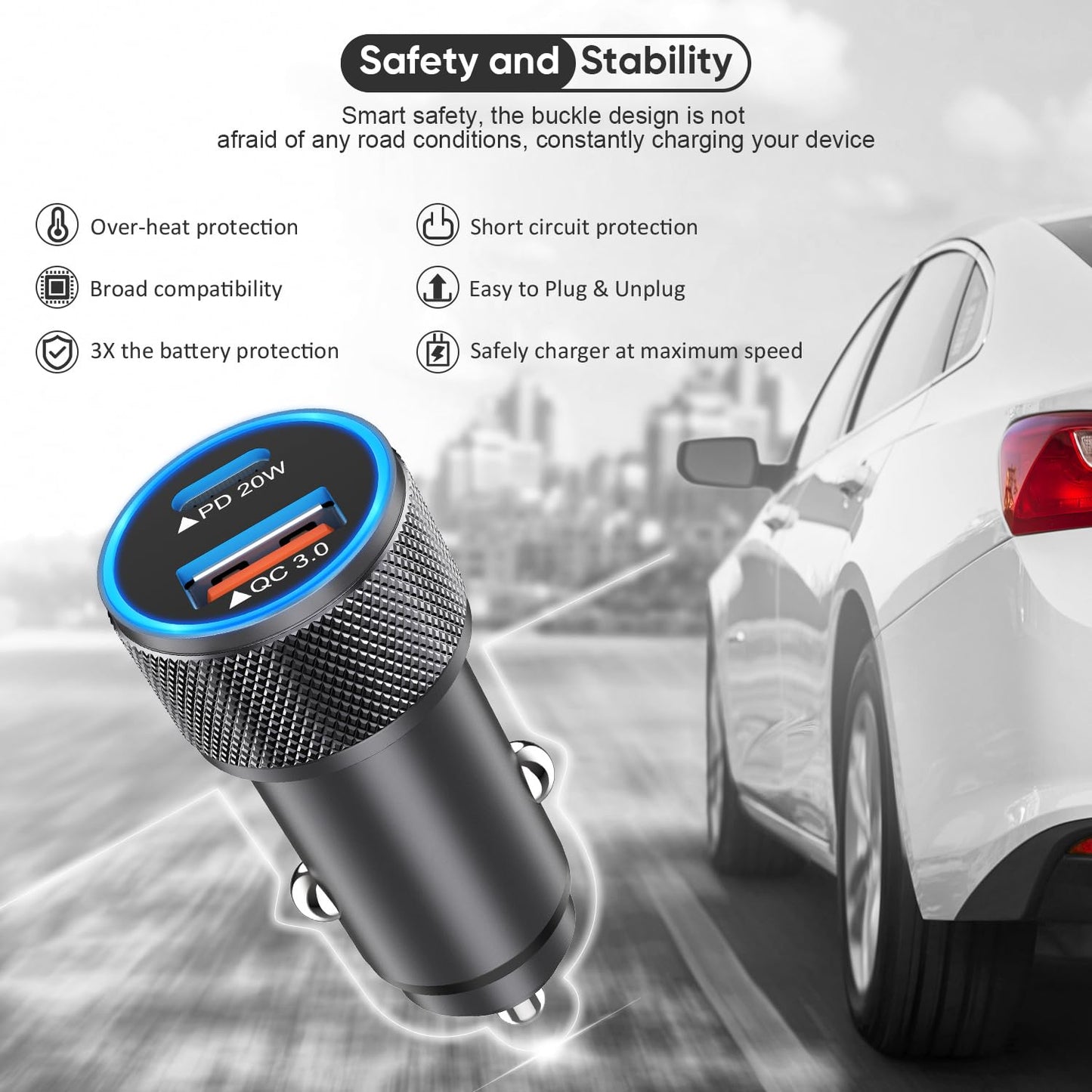 38W Car Charger for Apple Watch,Fast USB C Car Charger PD&QC3.0 Dual Port Charging Adapter,6 Foot USB-C to Lightning Cable with iWatch Cord Fast