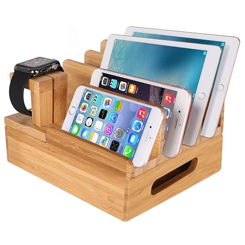 Bamboo Wood Multi-Device Desktop Charging Dock Station Charger Holder Cradle Charge Stand Compatible iPhone 16 15 14 13 Pro Max iPad Mini Pro Air