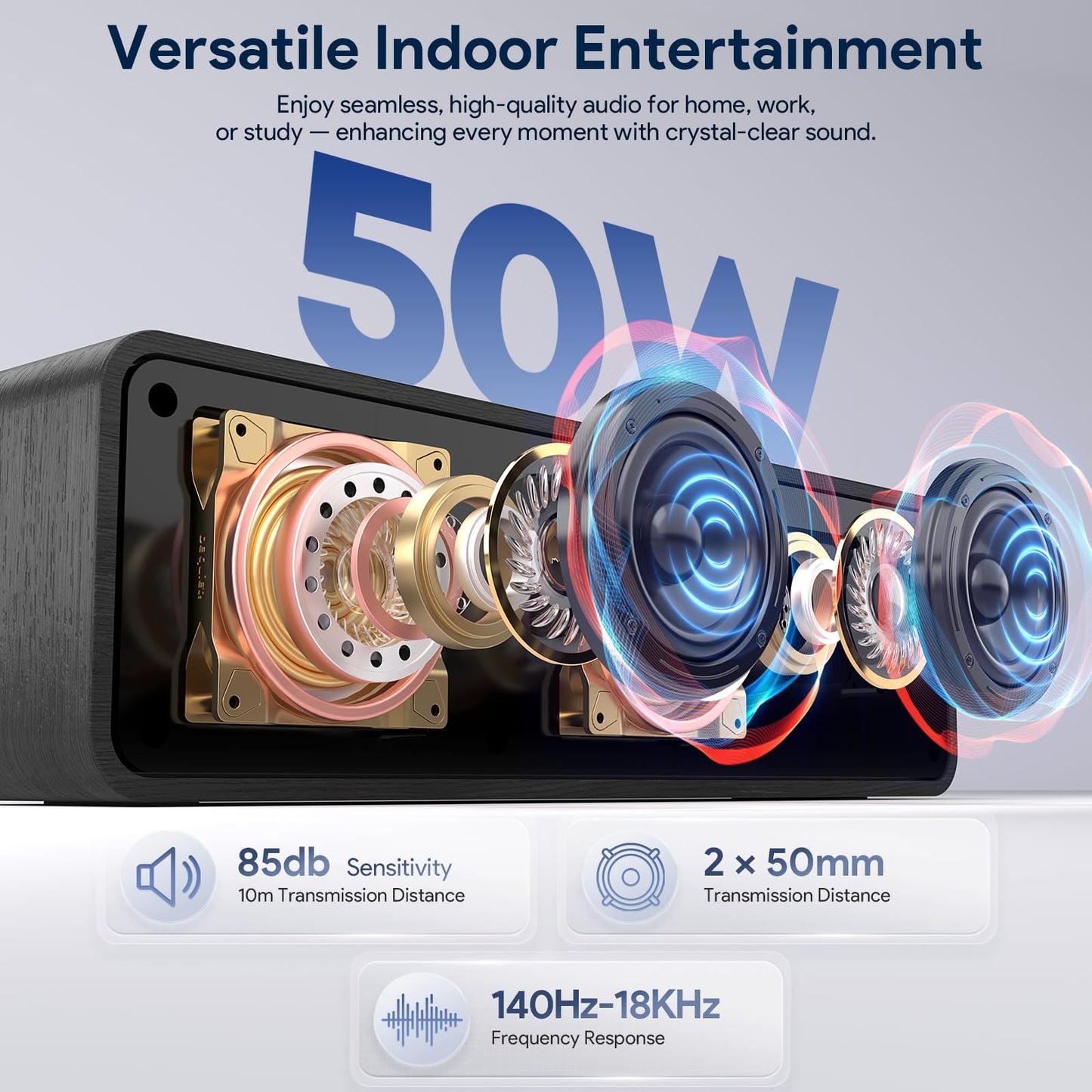 FULMINARE 50W Powerful Sound Bluetooth Speaker, 24H Playtime Wooden Body Speaker with Bluetooth 5.3, 4-in-1 Playing Modes (AUX/TF Card/USB/FM Radio)
