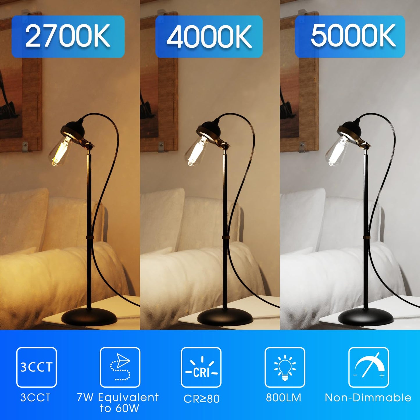 E ENERGETIC LIGHTING ST58/ST18, LED Filament Light Bulbs, 3CCT, 2700K/4000K/5000K,High Brightness, 7W, 60 W Equivalent,Classic Clear Glass, E26, 4