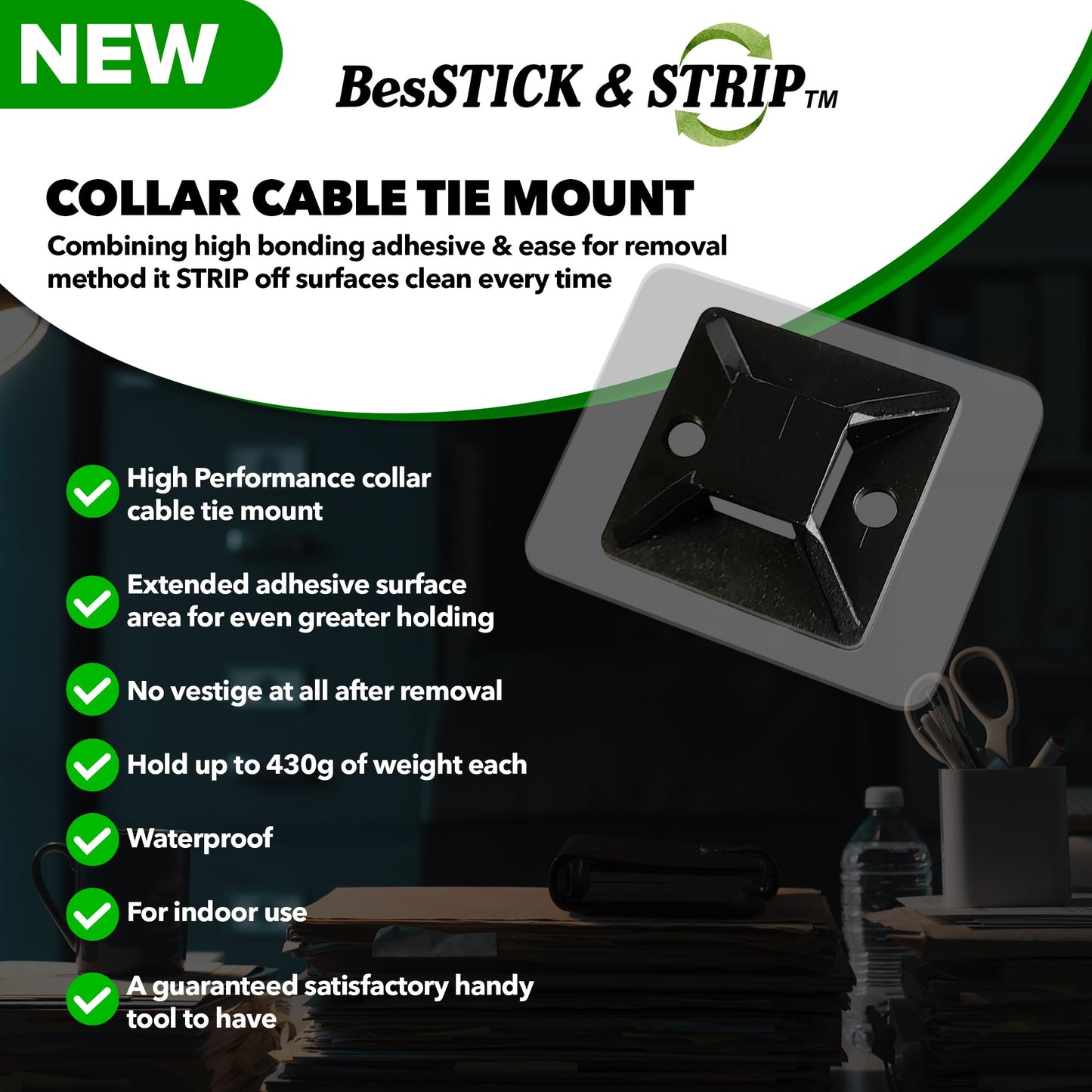 BesSTICK & STRIP Collar Cable Tie Mount with Adhesive Back - 50 Pack (25 Black + 25 White) Professional Zip Tie Anchors for Wire Management, Strong
