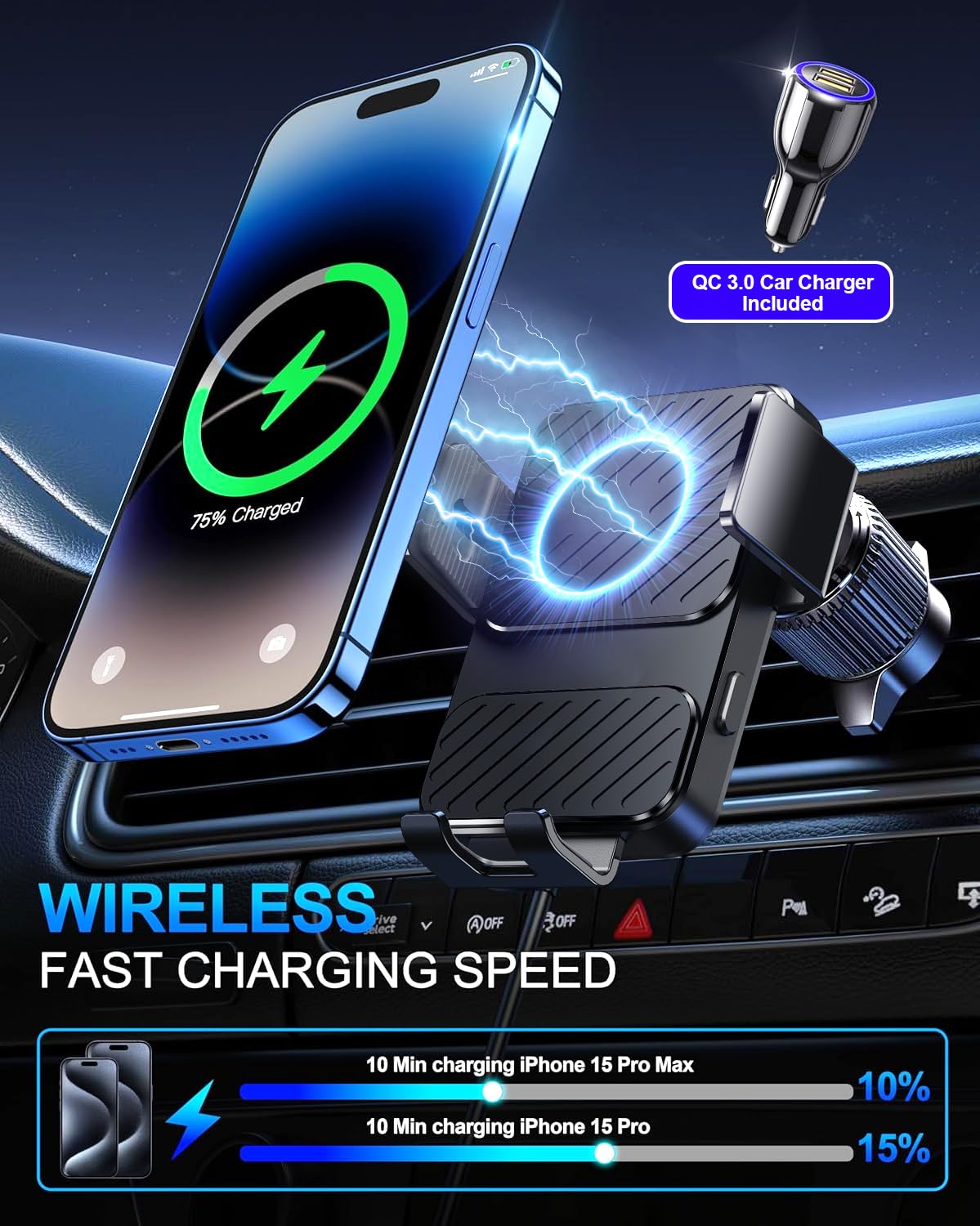 Guceful Wireless Car Charger, Phone Holders for Your Car 15W Fast Charging Auto Clamping, Air Vent Car Phone Mount for iPhone 17 16 15 14 13 Mini Pro