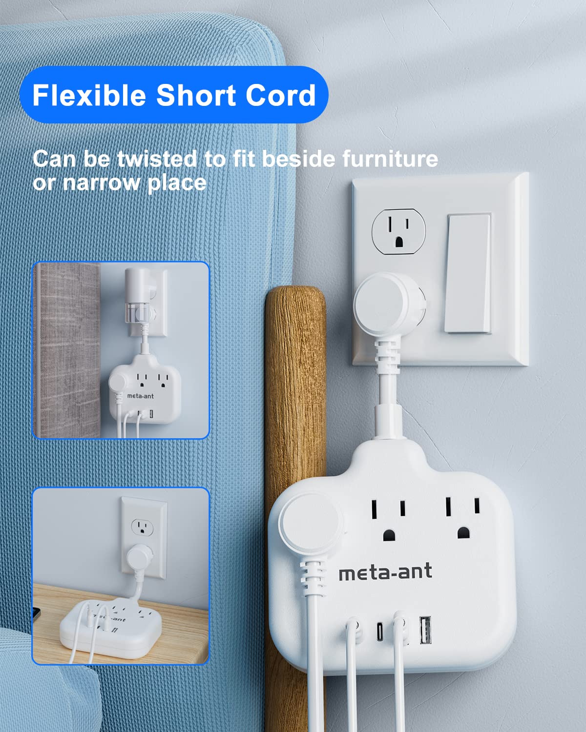Short Extension Cord 3 Inch, Flat Plug Small Power Strip with 3 AC & 4 USB(1 USB-C), 1875W/15A, Multi Plug Outlet Extender, Non-Surge Protection