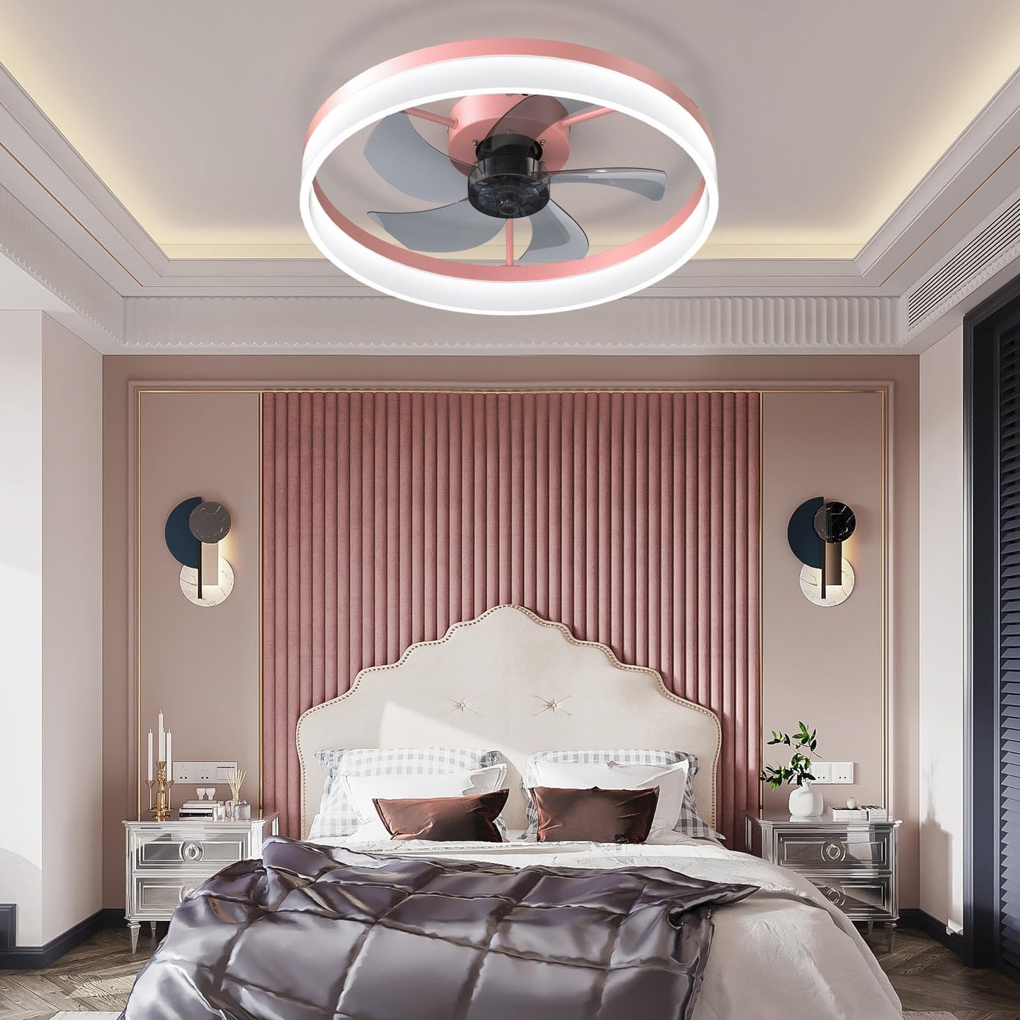 NoeBanJe Flush Mount Ceiling Fan with LED Lights and Remote, Modern Low Profile Ceiling Fans with 6 Wind Speeds Three Kinds of Lights Noise-Free,