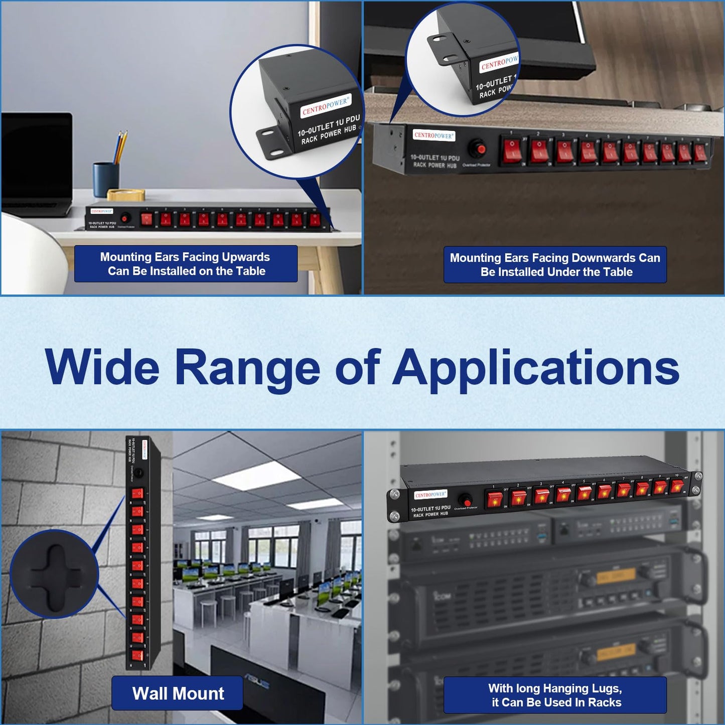 1U PDU Horizontal Rackmount Power Strip - Surge Protector 10 NEMA 5-15R Outlet 100V-240V/15A 1800 Joules, 10 Independent LED Switches, w/6 ft Cord