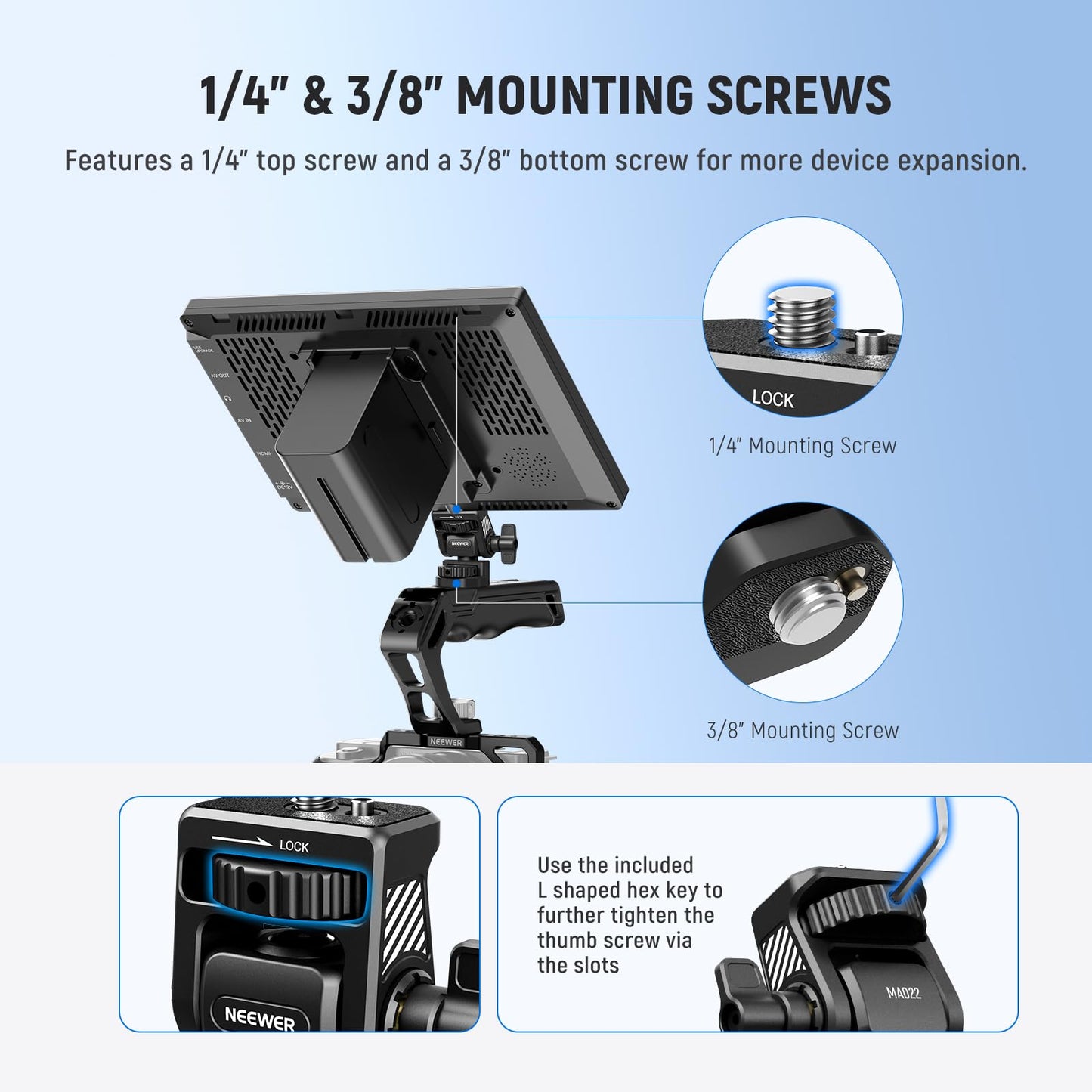 NEEWER Camera Field Monitor Mount Holder Bracket, 360° Swivel 180° Tilt Adjustable with 1/4" & 3/8" Screw Anti Twist Compatible with Atomos Ninja 5"