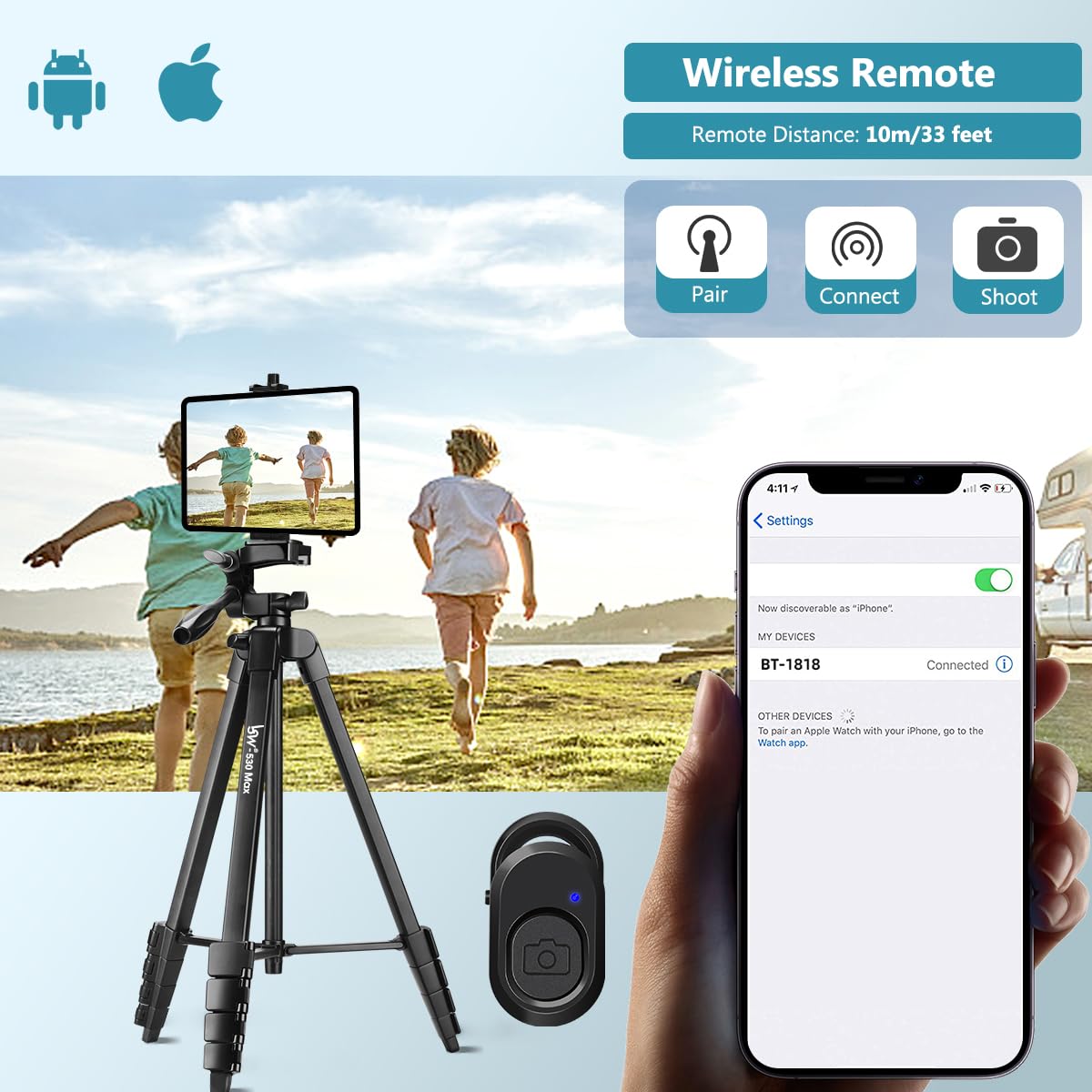 Lusweimi 72-Inch Tripod for ipad iPhone, Camera Tripod for Phone with 2 in 1 Phone Holder for Cell Phone/Tablet/Webcam/Gopro with Carry Bag