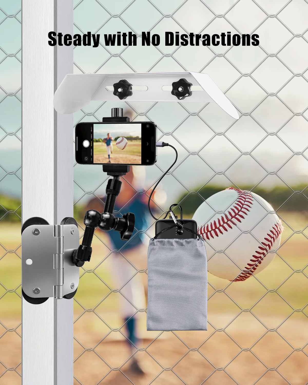 Magnetic Fence Mount with Sunshade and Power Bank Pouch Compatible with iPhone Mevo Start GoPro, Fence Holder Fit for Recording Gamechanger Baseball