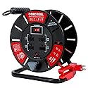 Txecpro 1ft Cord Reel, Retractable Extension Lead with Winding Handle, Safety Overload Circuit Breaker and Power Switch, 4x Grounded Outlets, 13amps