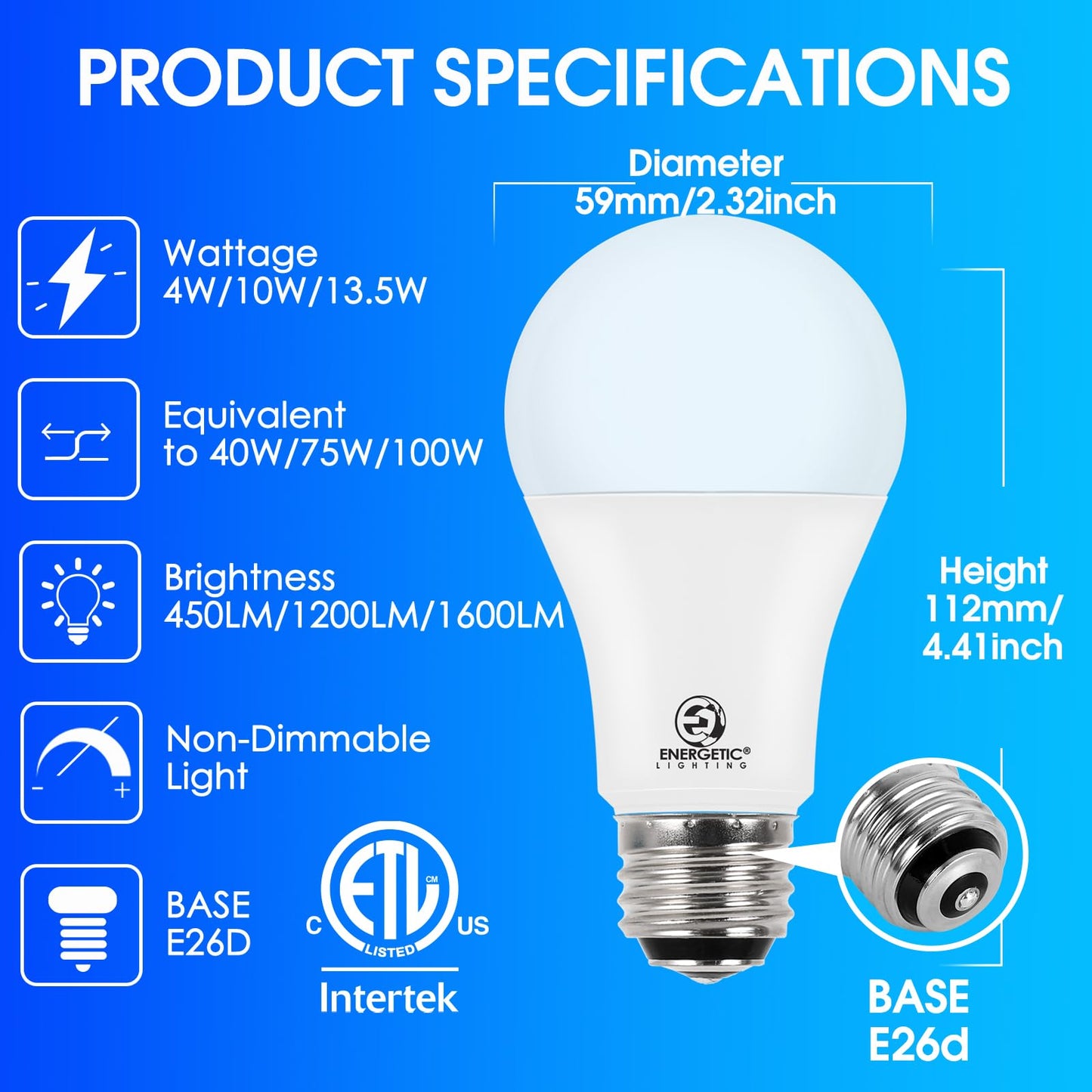 Energetic 3 Way LED Light Bulbs 4 Pack, A19 40 75 100W Soft White 2700K