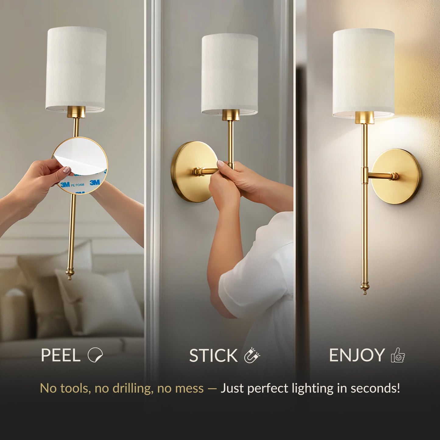 PRIDOLA Set of 2 Wireless Wall Sconces - Stick-On or Screw Mount for Easy Installation with Rechargeable LED Bulbs, Remote Controlled, Adjustable