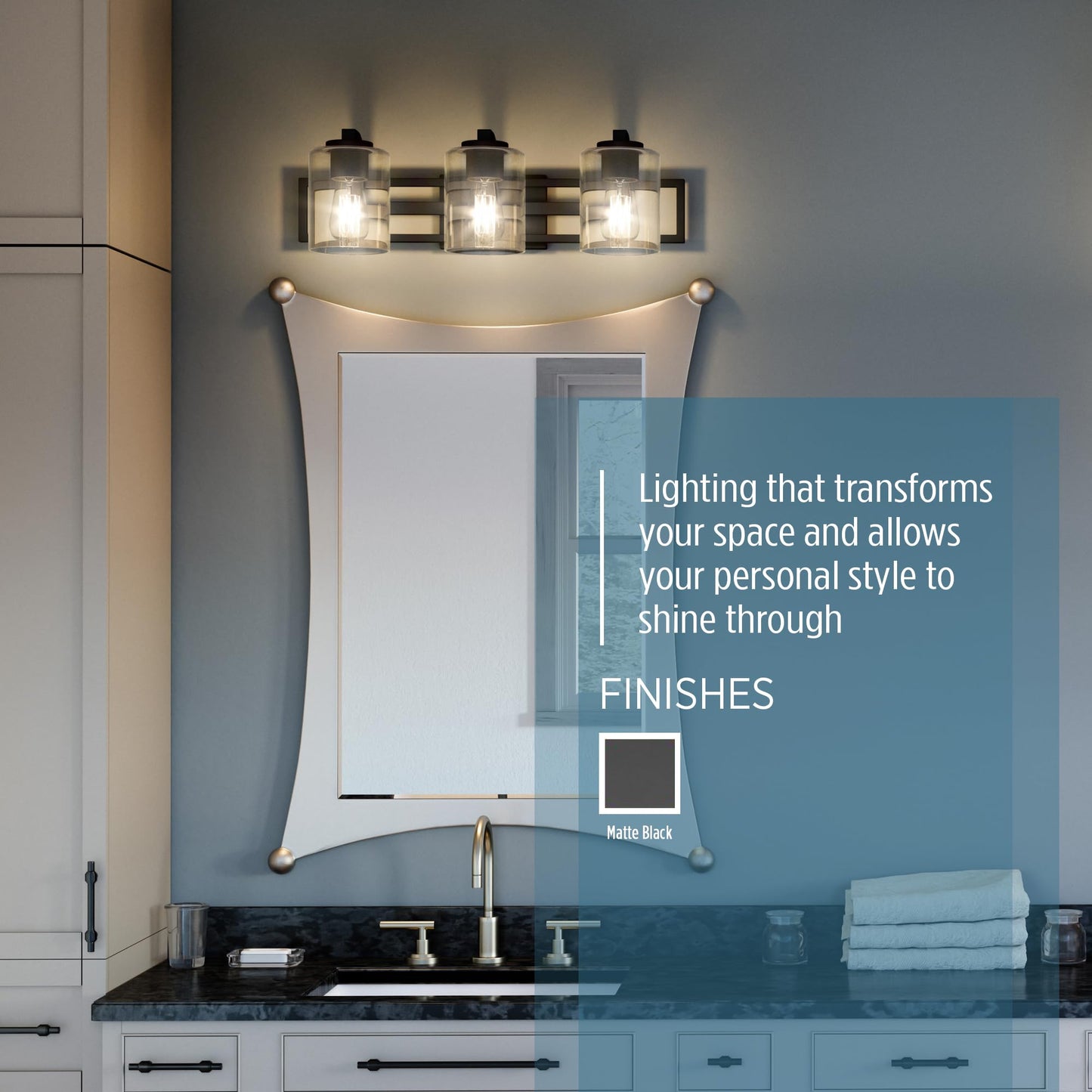 Quoizel Lansdowne Modern Bath Vanity Lights, 24 Inch 3-Light Matte Black Lighting Fixtures Over Mirror, Clear Glass Shade, 100W, Decorative Wall Light