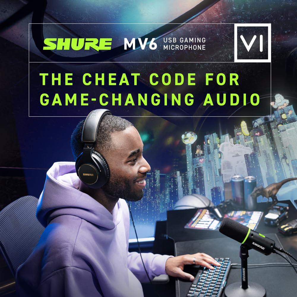 Shure MV6 Gaming Microphone - Dynamic USB Mic for PC Gaming & Streaming with Tap-to-Mute, Noise Cancellation, Desktop Stand & 3.5mm Headphone